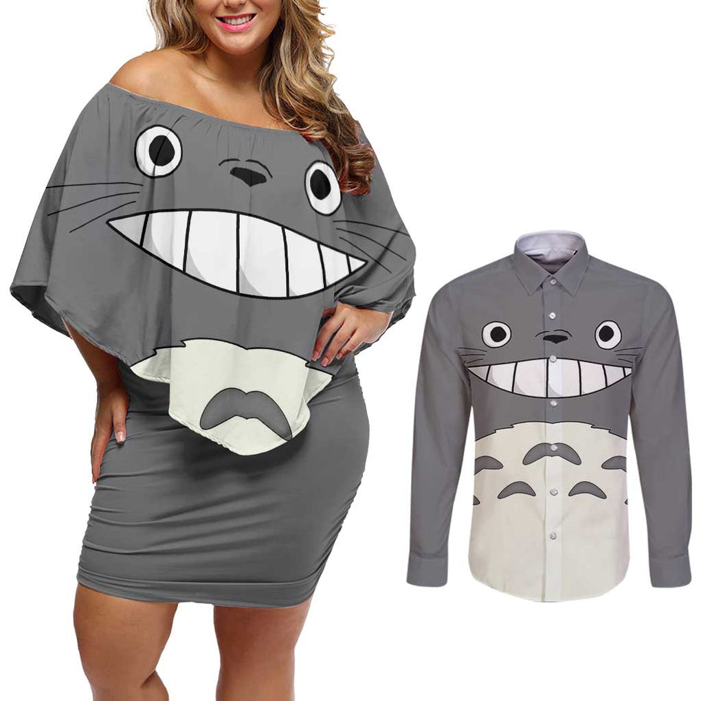 Totoro - My Neighbor Totoro Couples Matching Off Shoulder Short Dress and Long Sleeve Button Shirt Anime Style