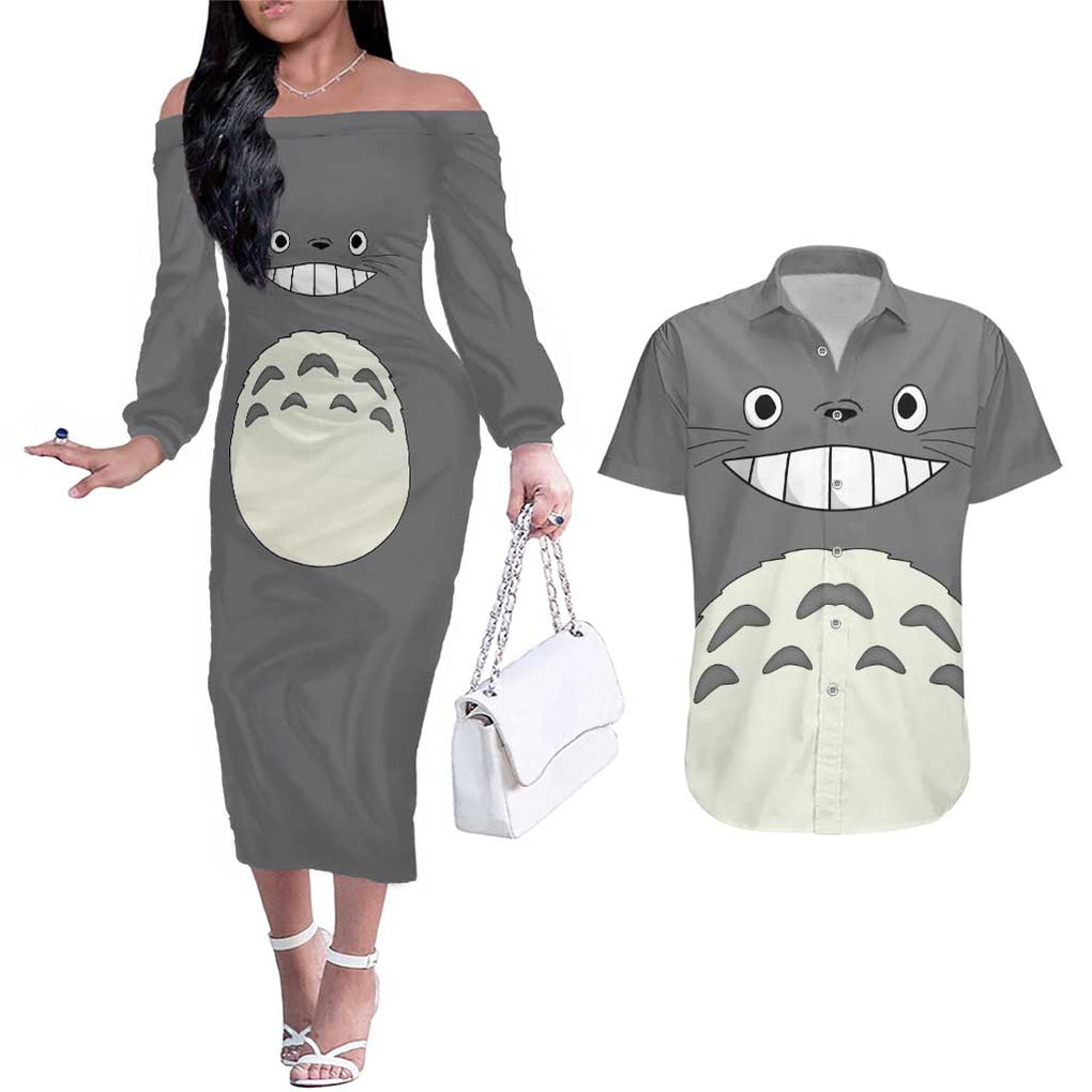 Totoro - My Neighbor Totoro Couples Matching Off The Shoulder Long Sleeve Dress and Hawaiian Shirt Anime Style