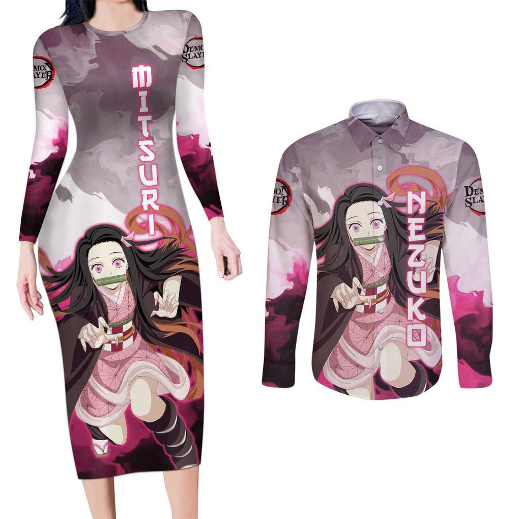 Nezuko - Demon Slayer Couples Matching Long Sleeve Bodycon Dress and Long Sleeve Button Shirt Anime Style