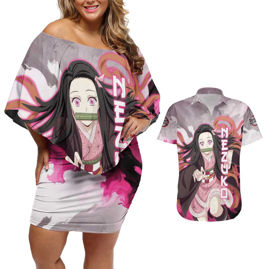 Nezuko - Demon Slayer Couples Matching Off Shoulder Short Dress and Hawaiian Shirt Anime Style