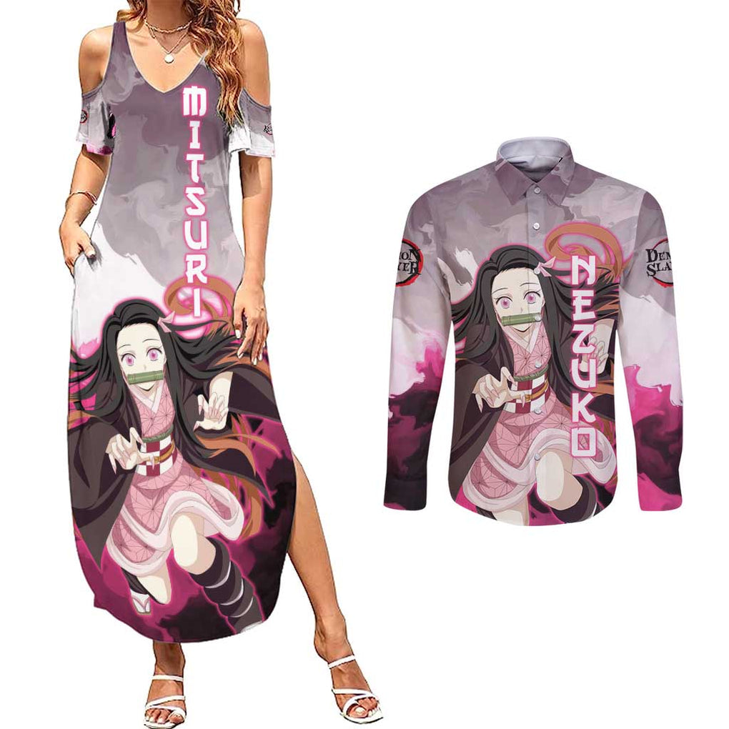 Nezuko - Demon Slayer Couples Matching Summer Maxi Dress and Long Sleeve Button Shirt Anime Style