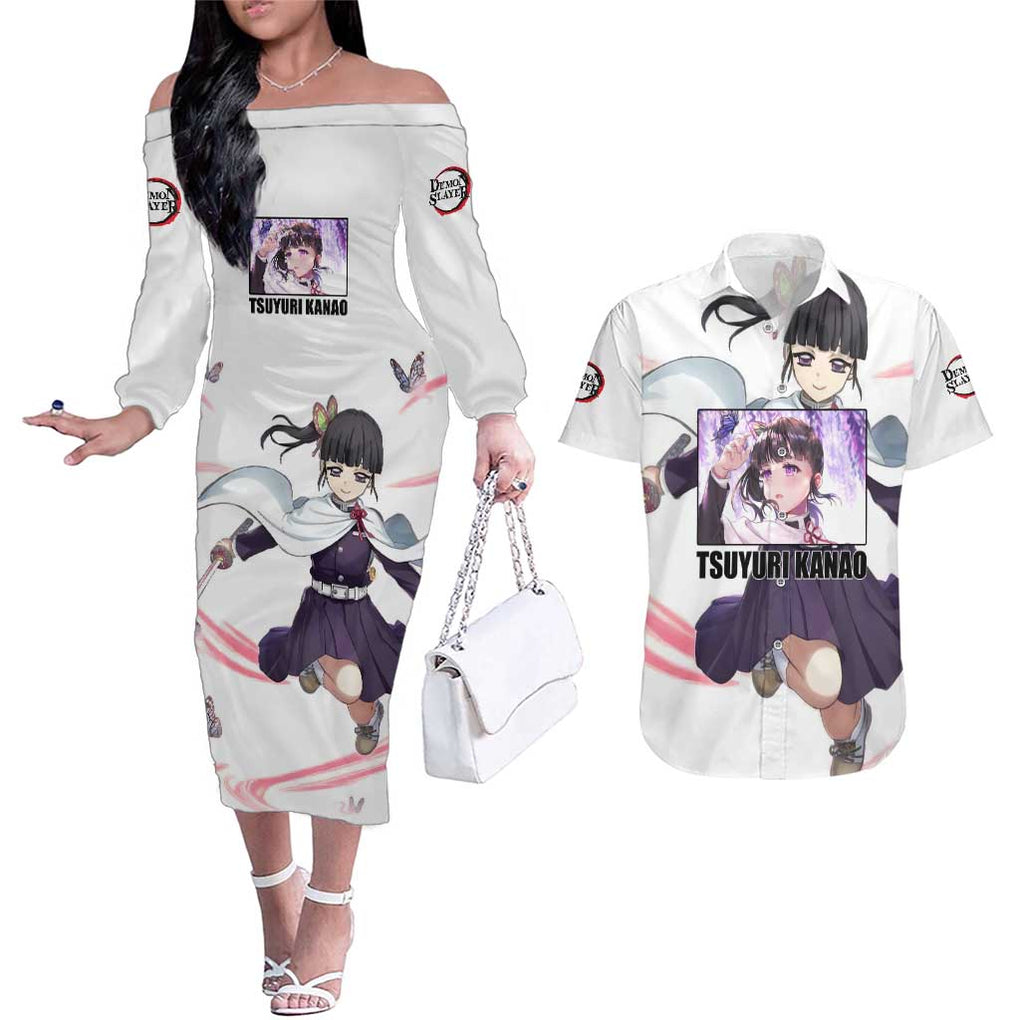 Kanao - Demon Slayer Couples Matching Off The Shoulder Long Sleeve Dress and Hawaiian Shirt Anime Style