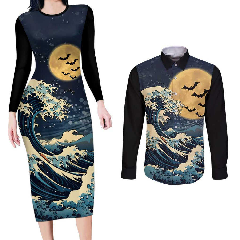 Kanagawa Wave Janpan Halloween Couples Matching Long Sleeve Bodycon Dress and Long Sleeve Button Shirt Japan Art Style