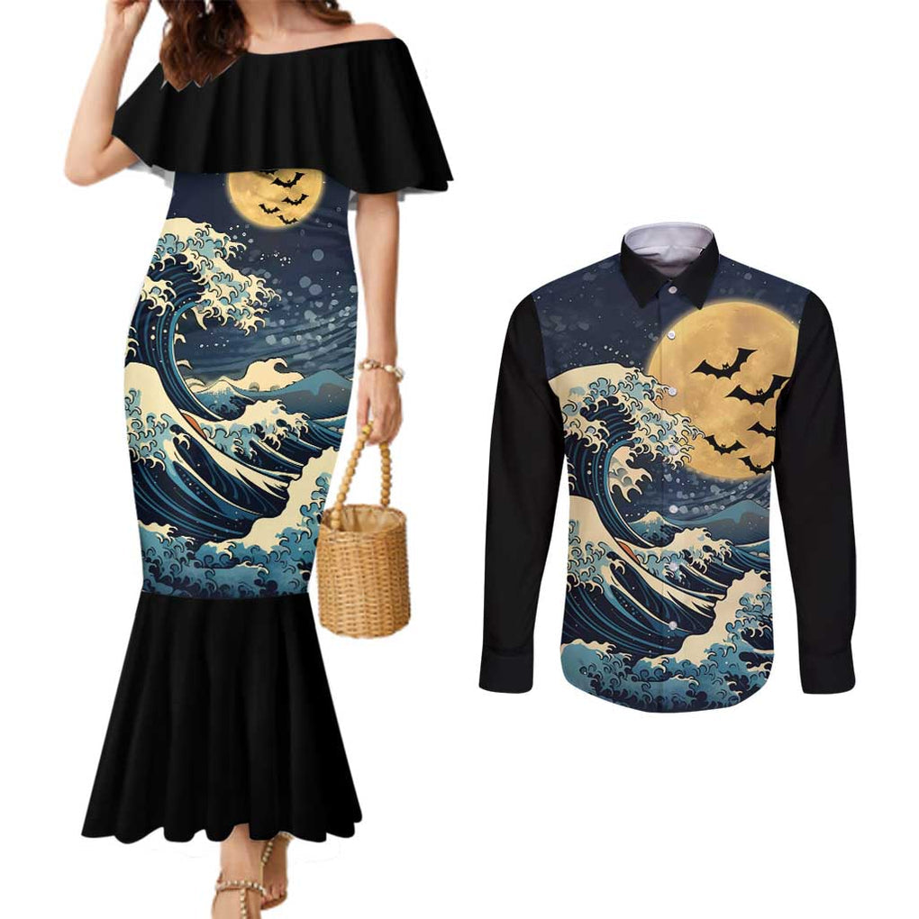 Kanagawa Wave Janpan Halloween Couples Matching Mermaid Dress and Long Sleeve Button Shirt Japan Art Style