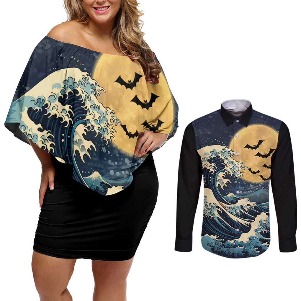 Kanagawa Wave Janpan Halloween Couples Matching Off Shoulder Short Dress and Long Sleeve Button Shirt Japan Art Style