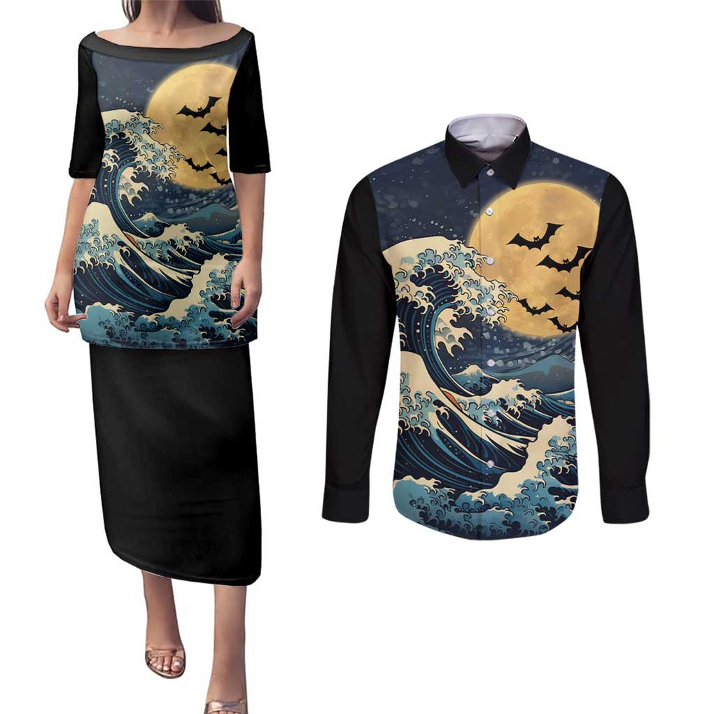 Kanagawa Wave Janpan Halloween Couples Matching Puletasi and Long Sleeve Button Shirt Japan Art Style