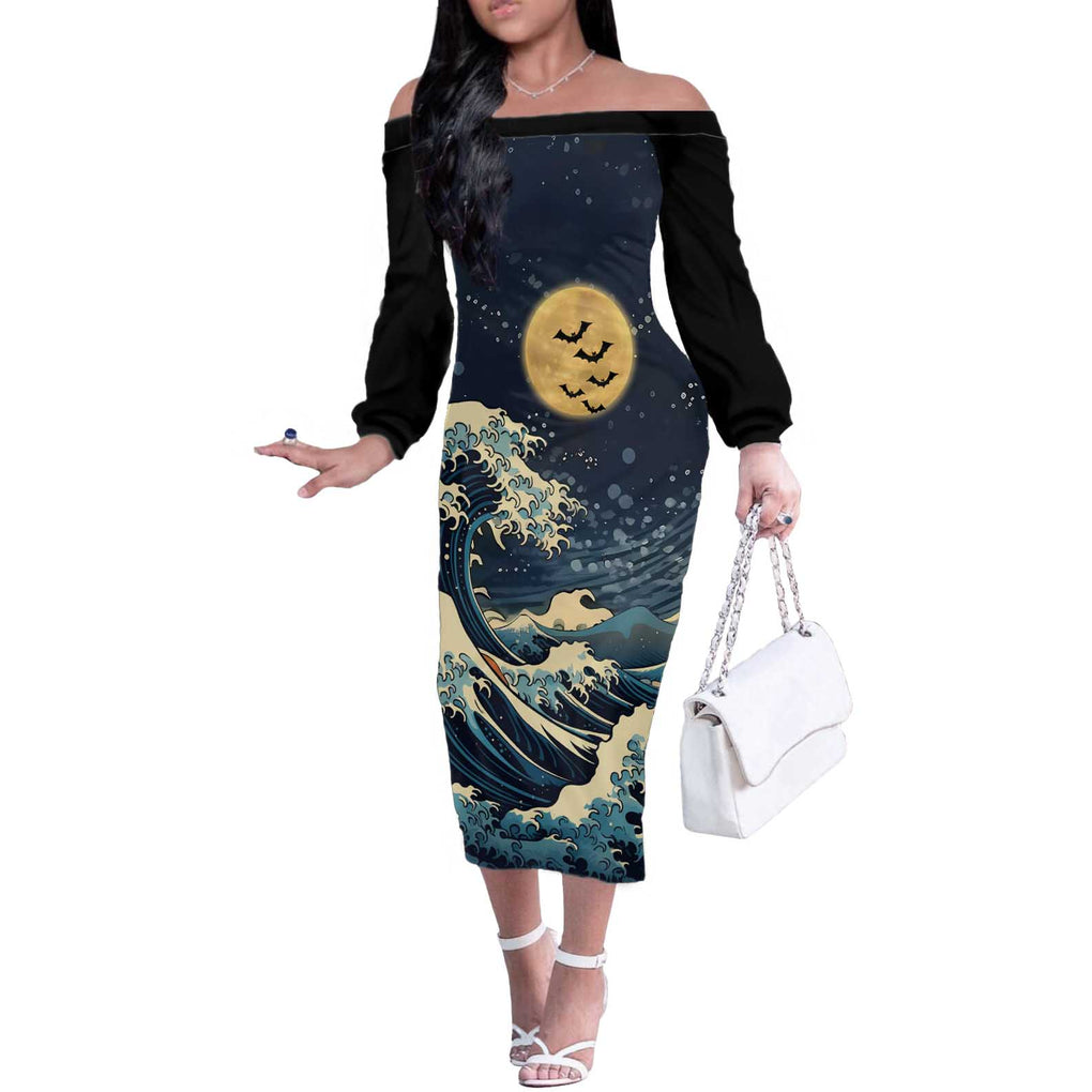 Kanagawa Wave Janpan Halloween Off The Shoulder Long Sleeve Dress Japan Art Style