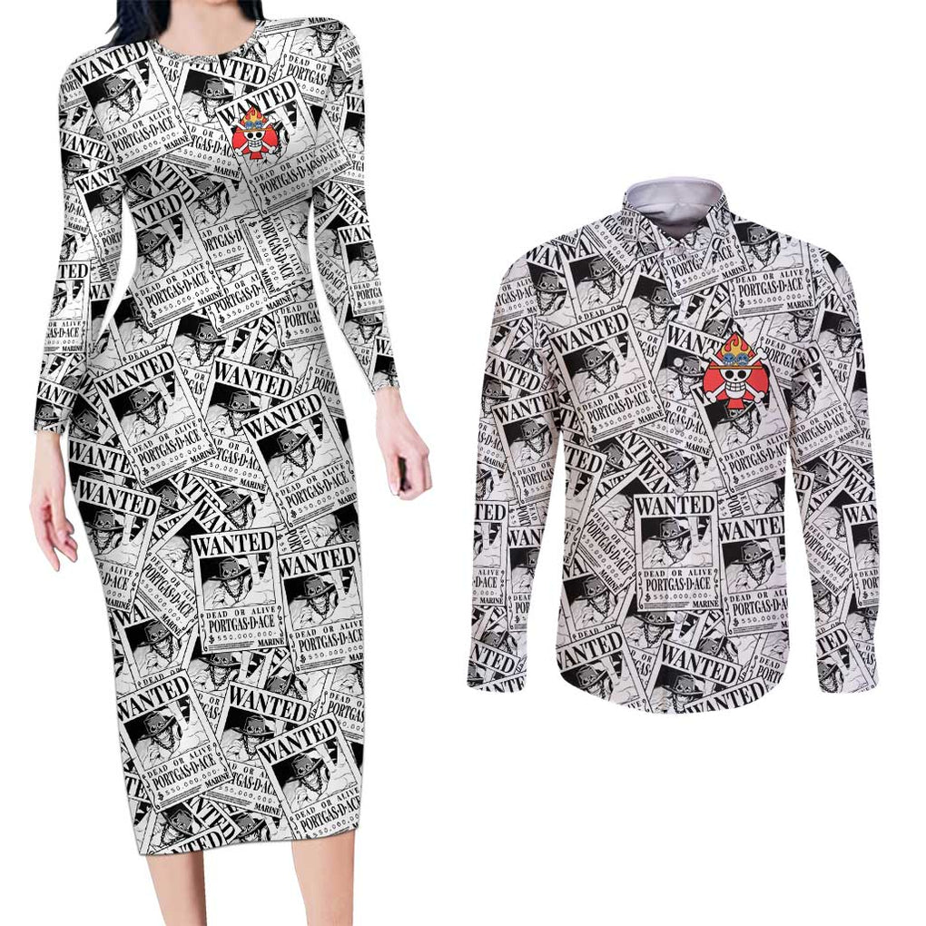 Portgas D. Ace Wanted - One Piece Couples Matching Long Sleeve Bodycon Dress and Long Sleeve Button Shirt Anime Style