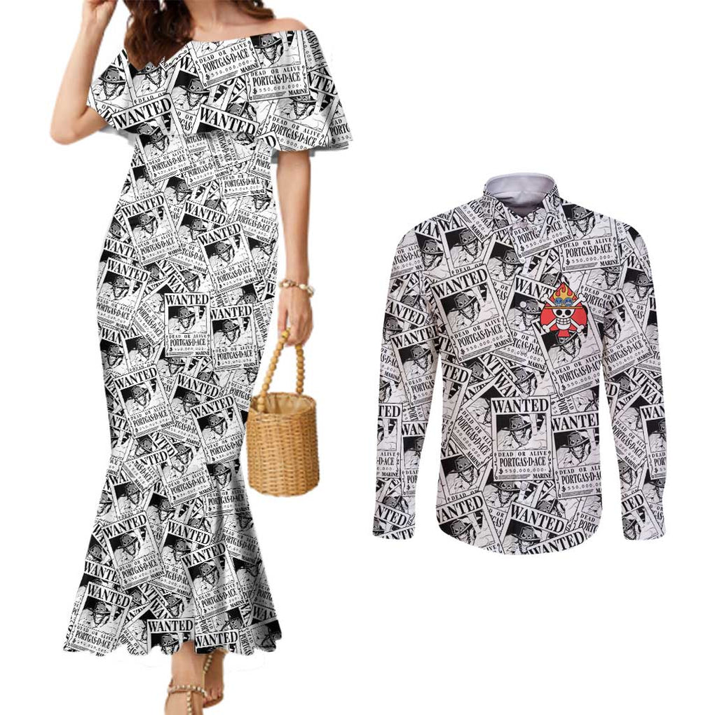 Portgas D. Ace Wanted - One Piece Couples Matching Mermaid Dress and Long Sleeve Button Shirt Anime Style