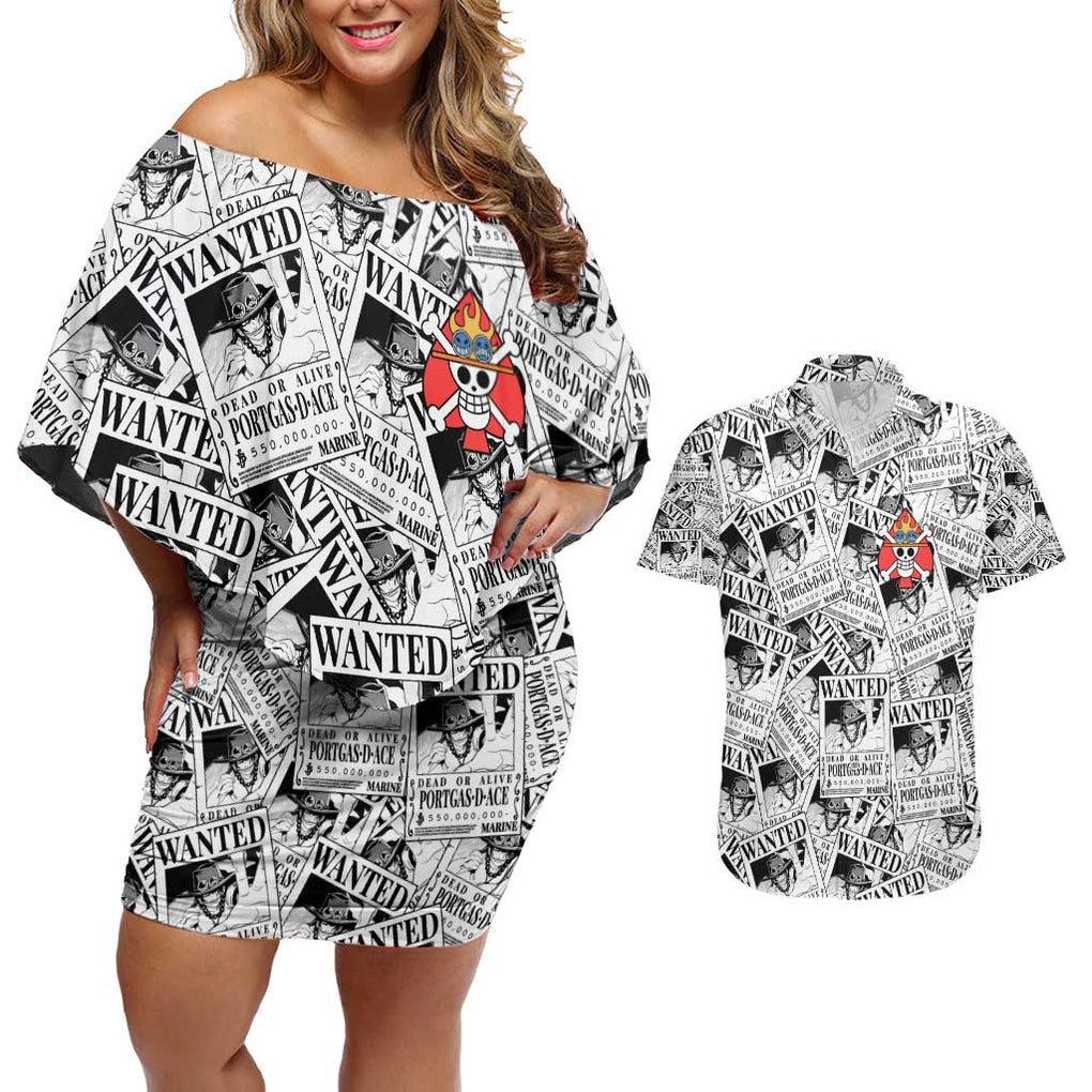 Portgas D. Ace Wanted - One Piece Couples Matching Off Shoulder Short Dress and Hawaiian Shirt Anime Style