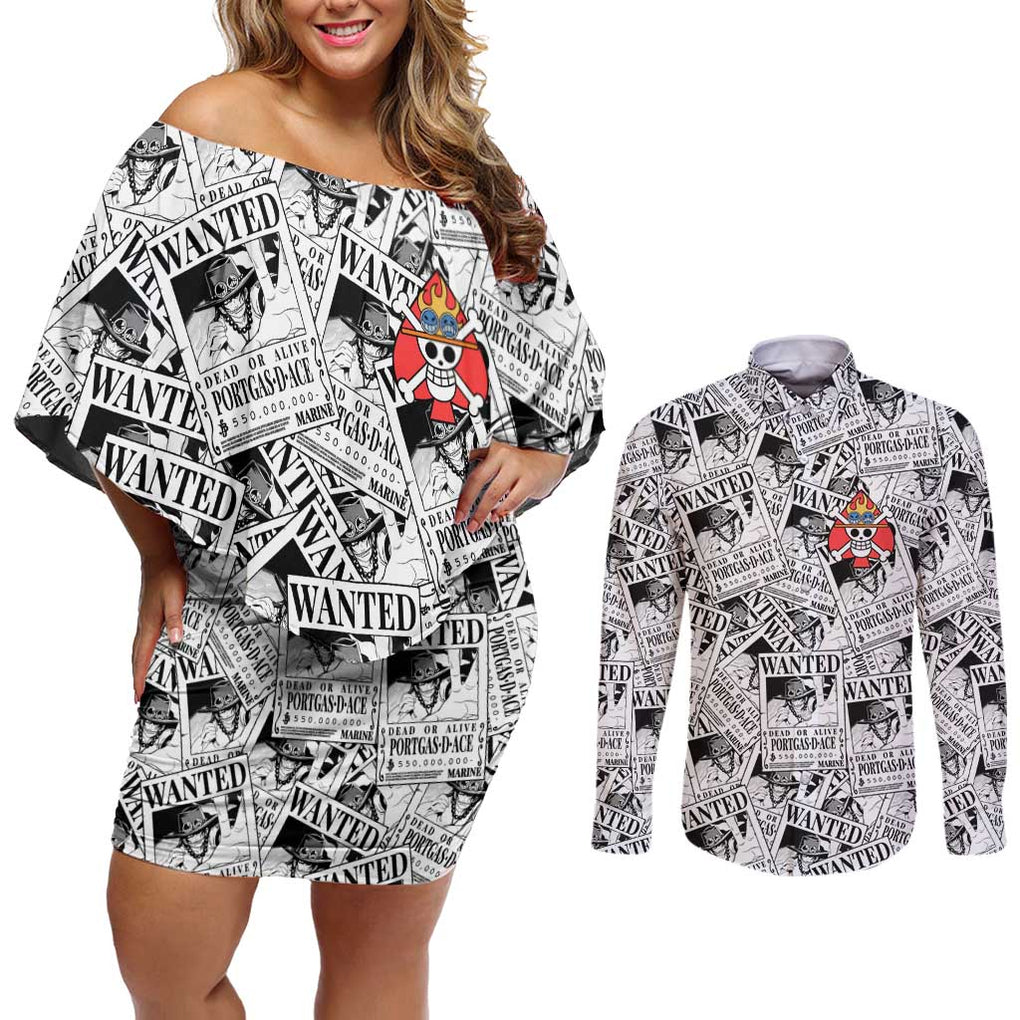 Portgas D. Ace Wanted - One Piece Couples Matching Off Shoulder Short Dress and Long Sleeve Button Shirt Anime Style