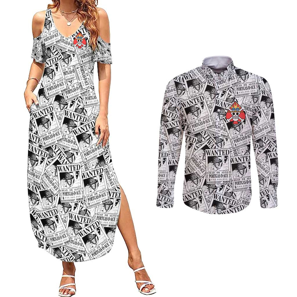 Portgas D. Ace Wanted - One Piece Couples Matching Summer Maxi Dress and Long Sleeve Button Shirt Anime Style