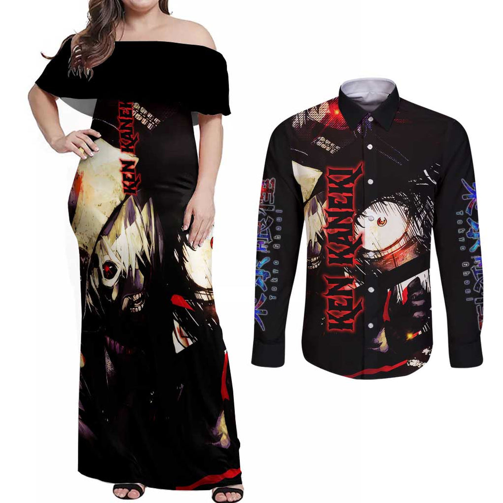 Kaneki Ken Tokyo Ghoul Grunge Couples Matching Off Shoulder Maxi Dress and Long Sleeve Button Shirt Anime Style