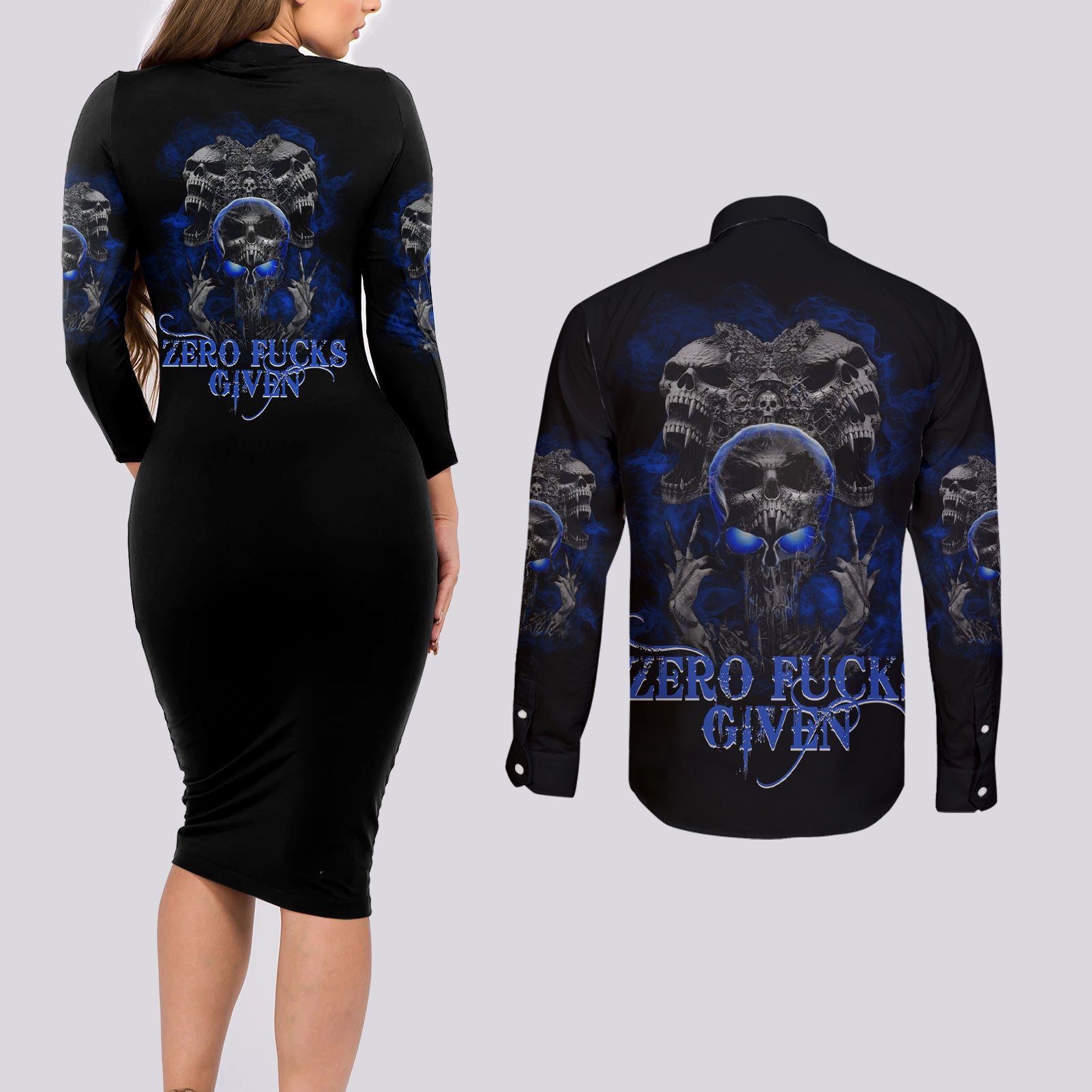 skull-butterfly-demon-zero-fck-given-couples-matching-long-sleeve-bodycon-dress-and-long-sleeve-button-shirt