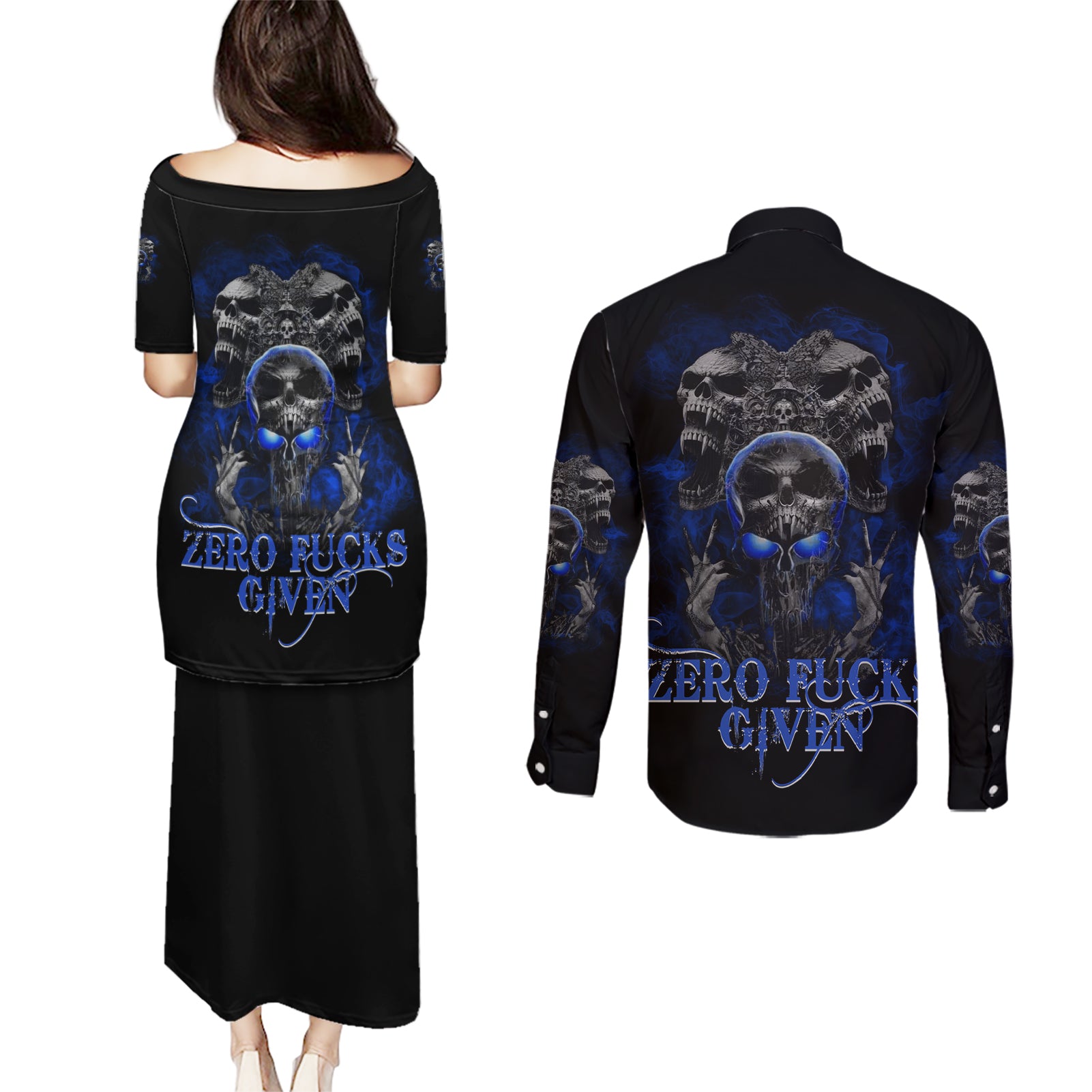 skull-butterfly-demon-zero-fck-given-couples-matching-puletasi-dress-and-long-sleeve-button-shirt