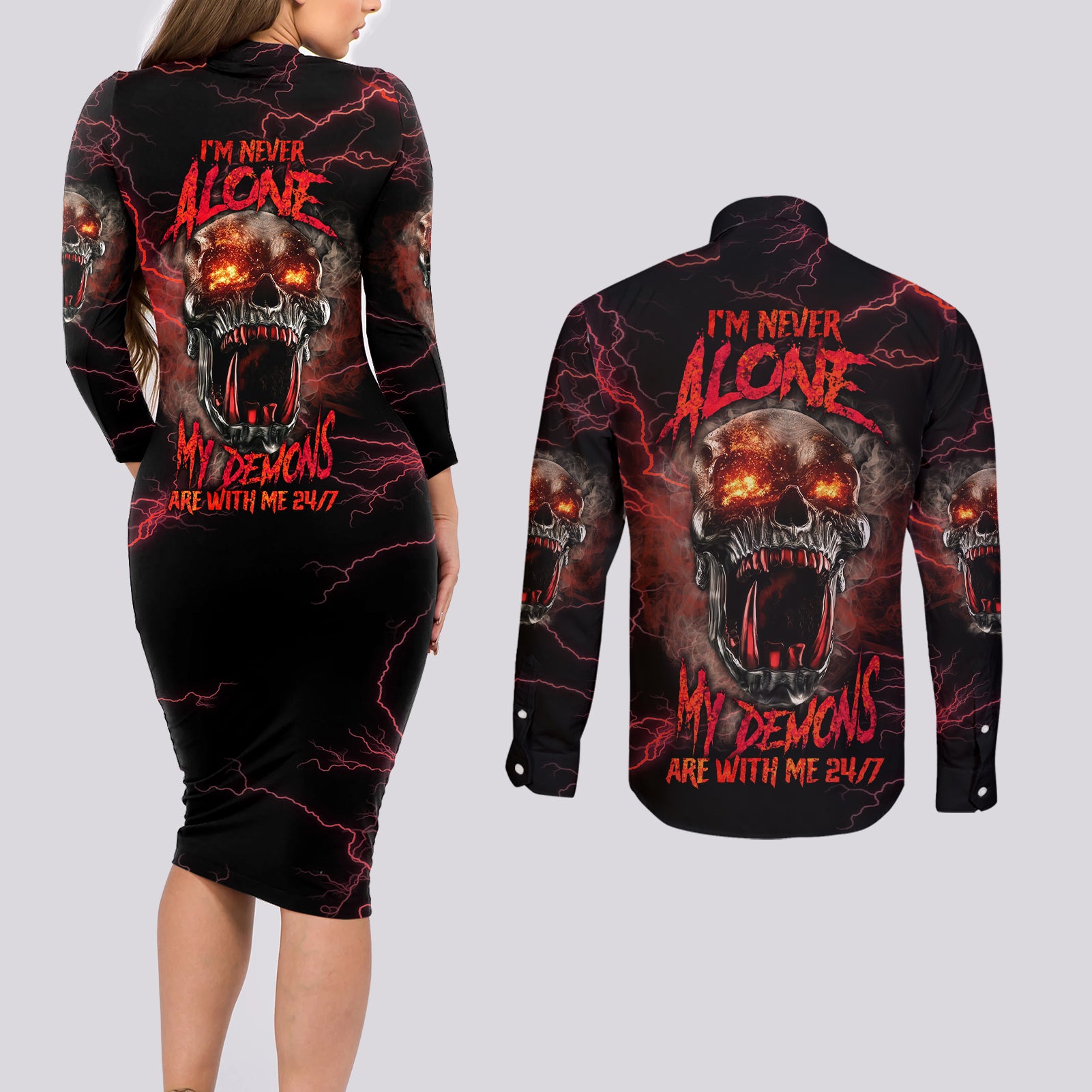 im-never-alone-skull-demon-couples-matching-long-sleeve-bodycon-dress-and-long-sleeve-button-shirt