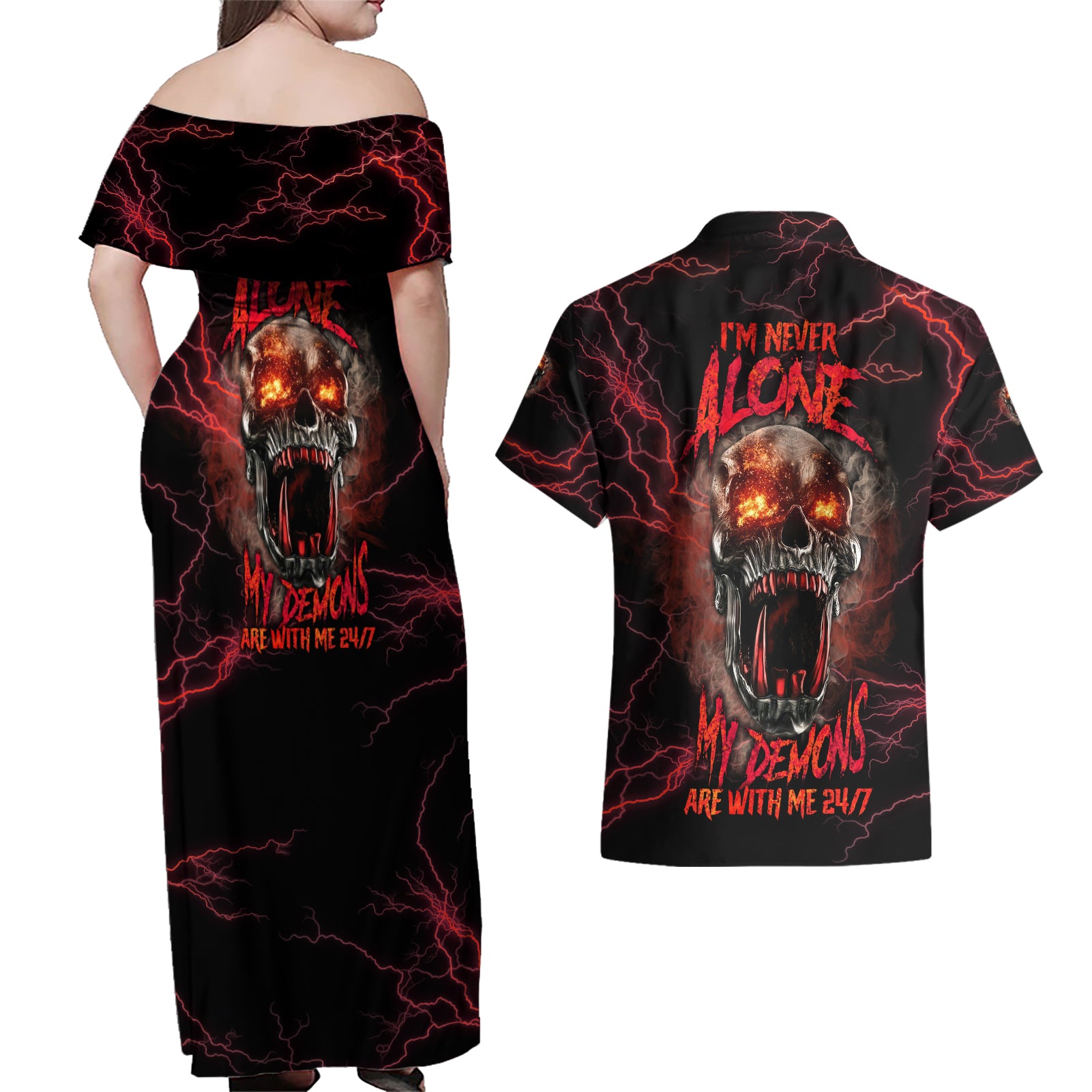 im-never-alone-skull-demon-couples-matching-off-shoulder-maxi-dress-and-hawaiian-shirt