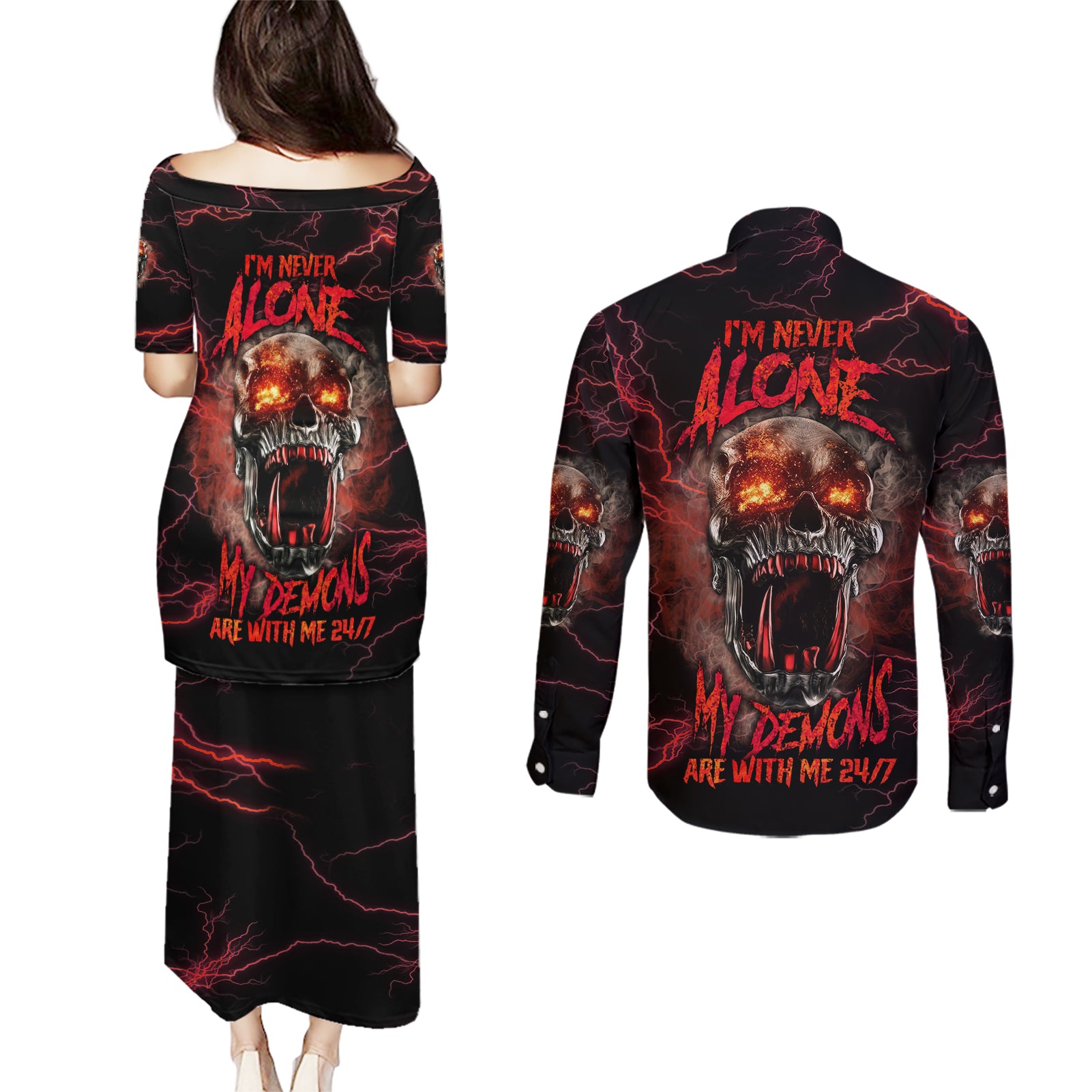 im-never-alone-skull-demon-couples-matching-puletasi-dress-and-long-sleeve-button-shirt