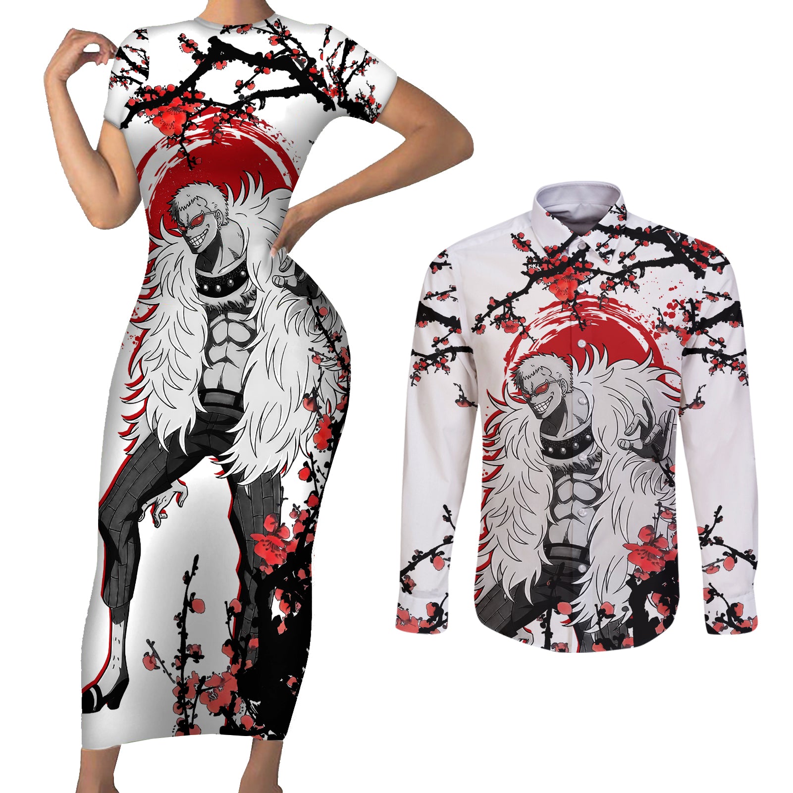 Donquixote - Japan Style Anime Couples Matching Short Sleeve Bodycon Dress and Long Sleeve Button Shirt