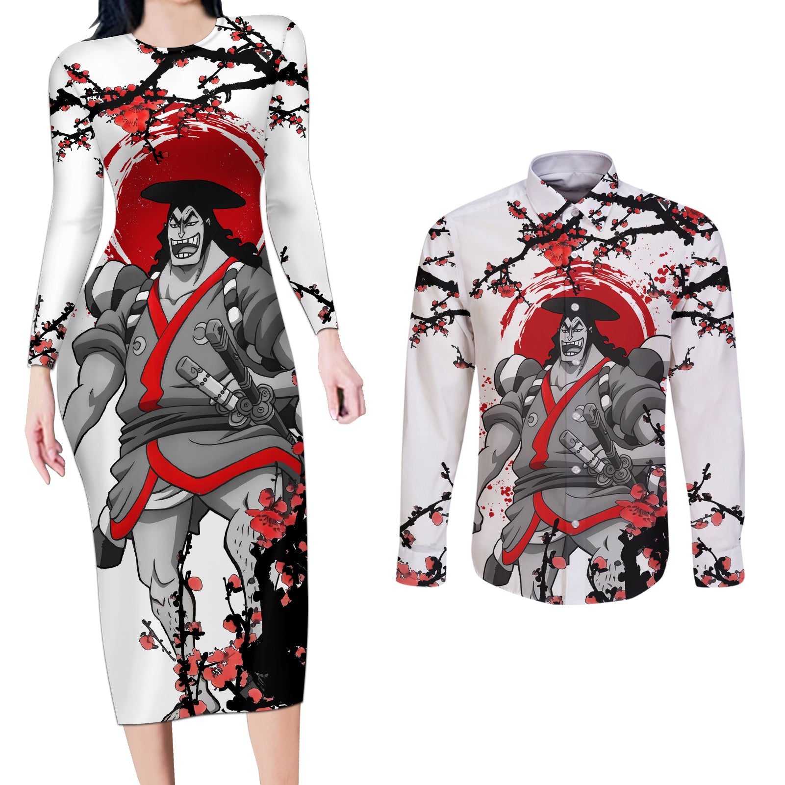 Kozuki Oden - Japan Style Anime Couples Matching Long Sleeve Bodycon Dress and Long Sleeve Button Shirt