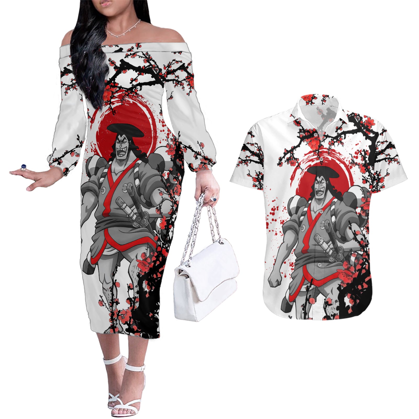 Kozuki Oden - Japan Style Anime Couples Matching Off The Shoulder Long Sleeve Dress and Hawaiian Shirt