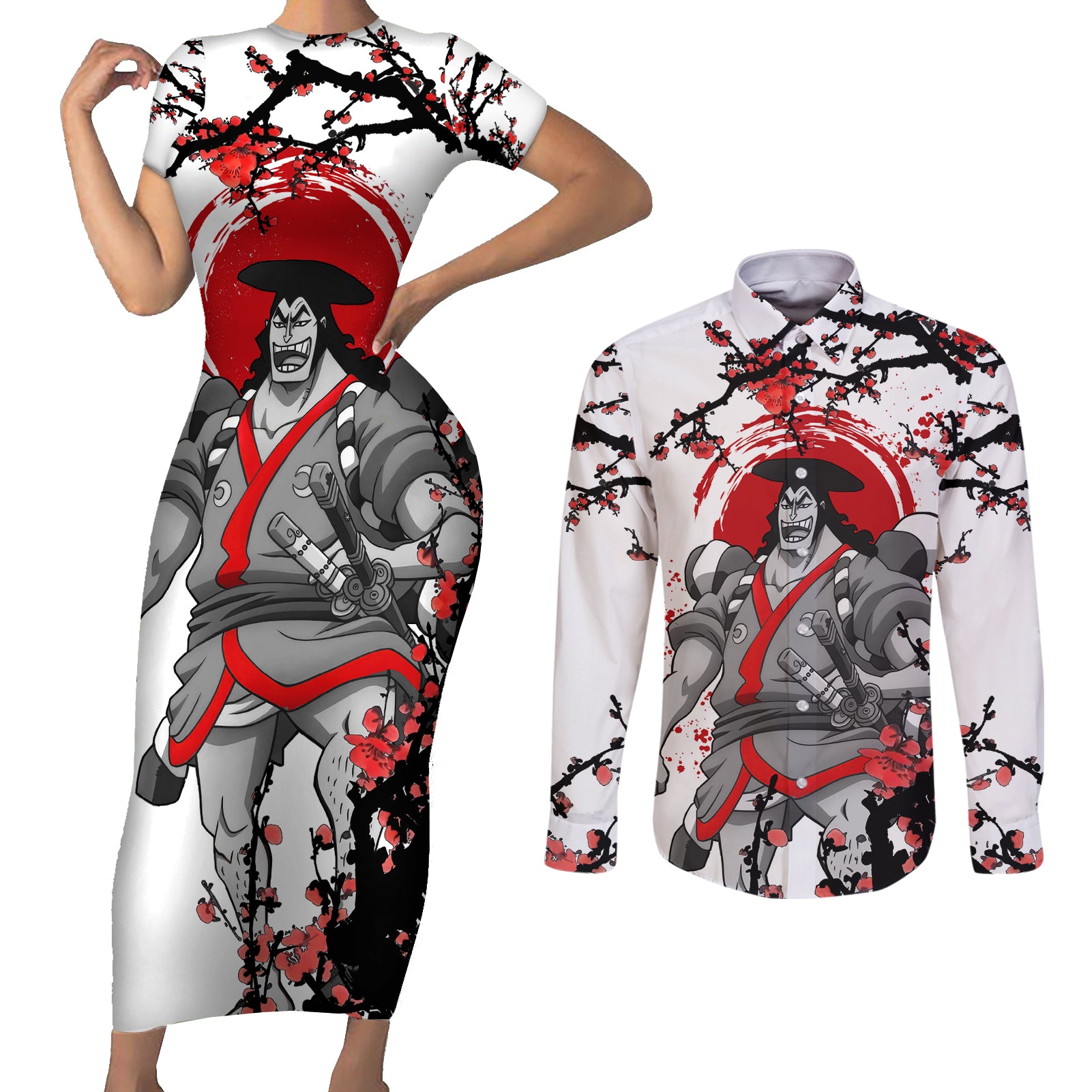 Kozuki Oden - Japan Style Anime Couples Matching Short Sleeve Bodycon Dress and Long Sleeve Button Shirt