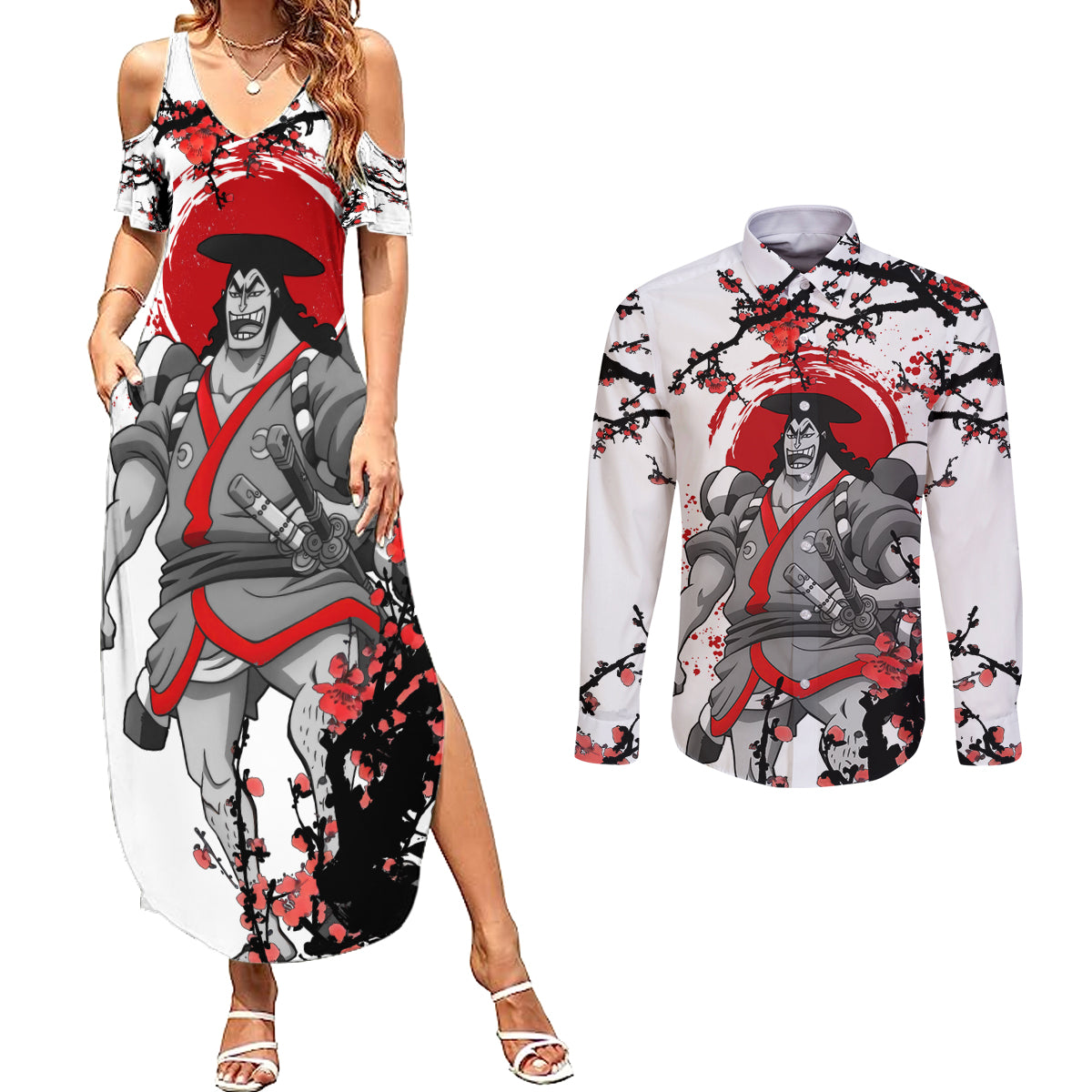 Kozuki Oden - Japan Style Anime Couples Matching Summer Maxi Dress and Long Sleeve Button Shirt