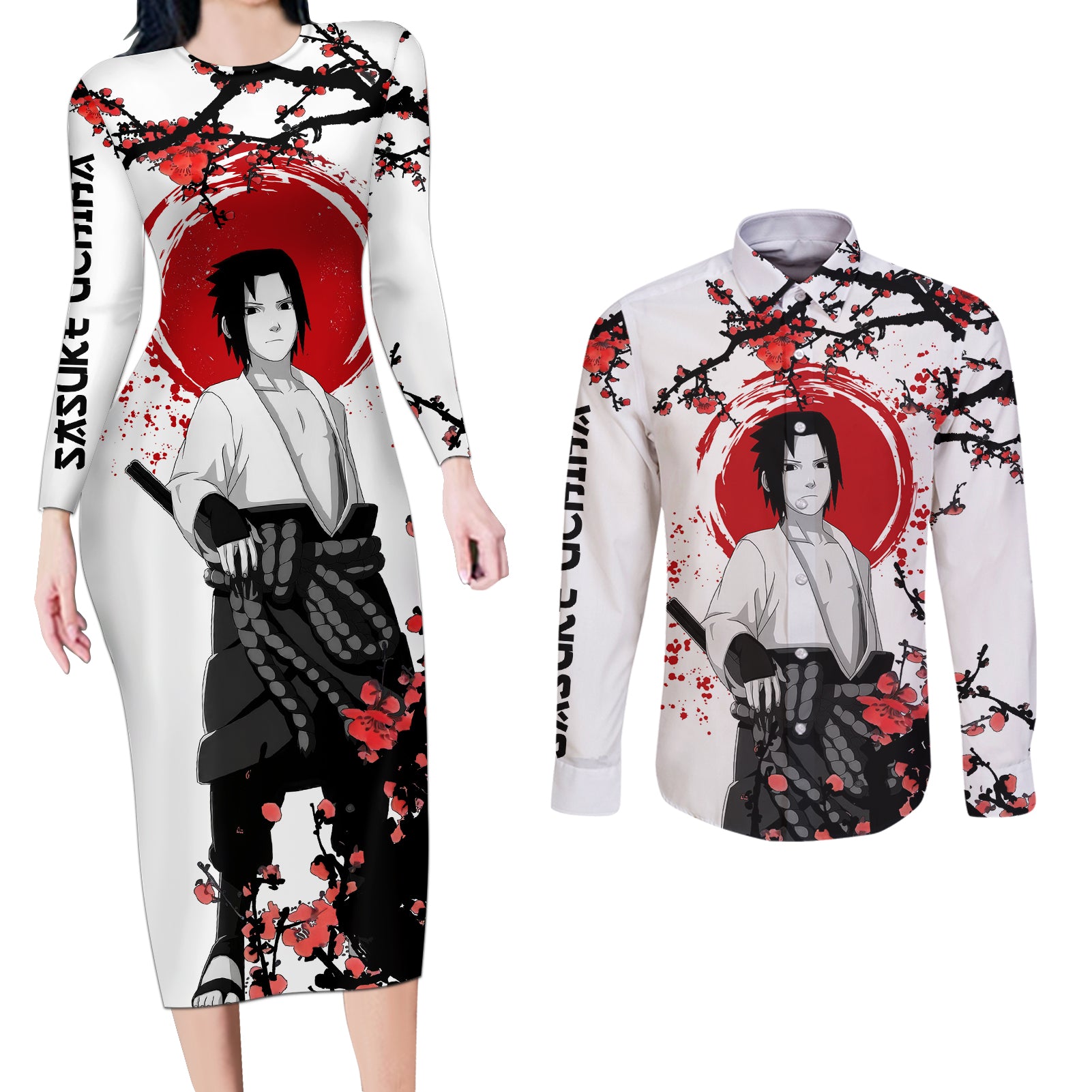 Uchiha Sasuke - Japan Style Anime Couples Matching Long Sleeve Bodycon Dress and Long Sleeve Button Shirt