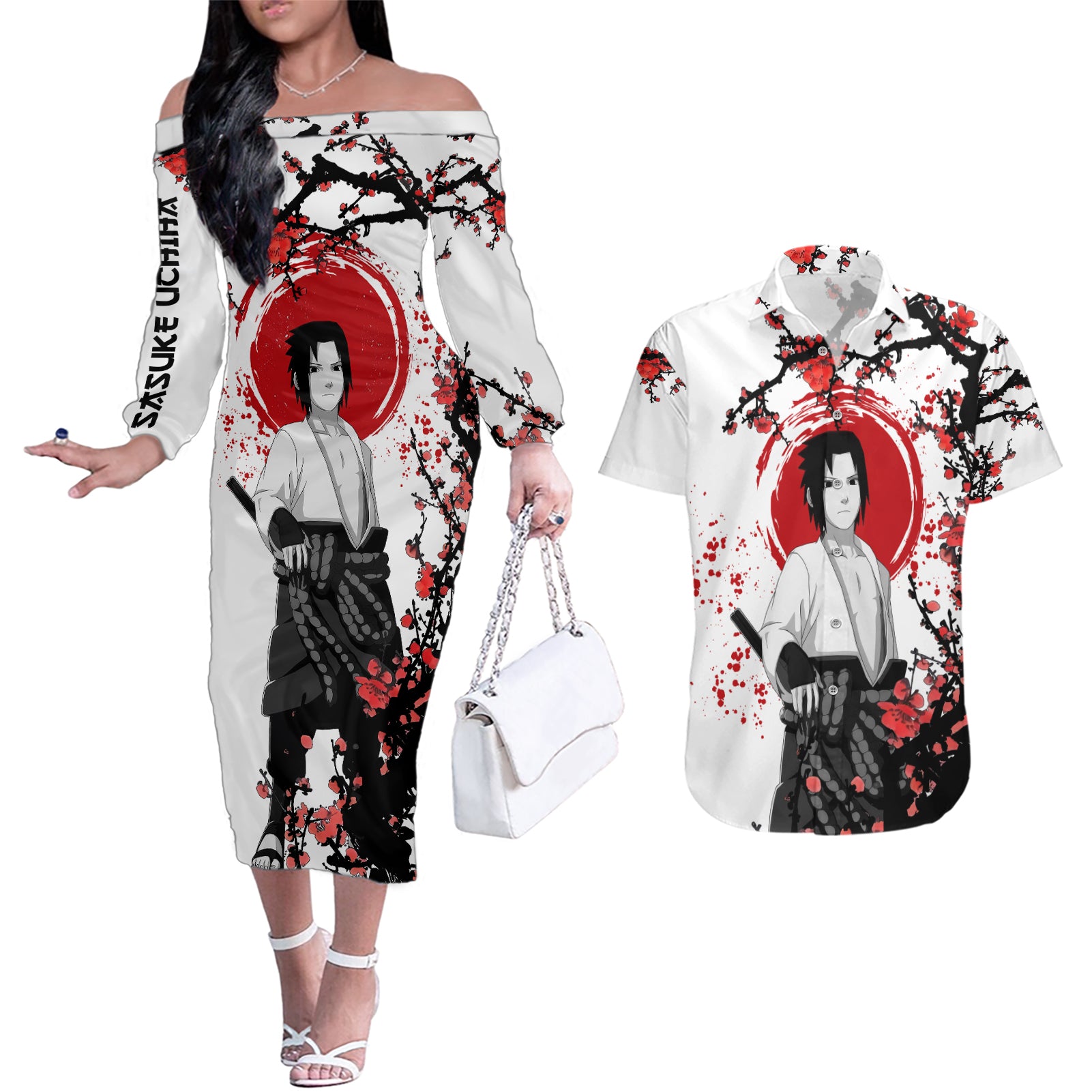 Uchiha Sasuke - Japan Style Anime Couples Matching Off The Shoulder Long Sleeve Dress and Hawaiian Shirt