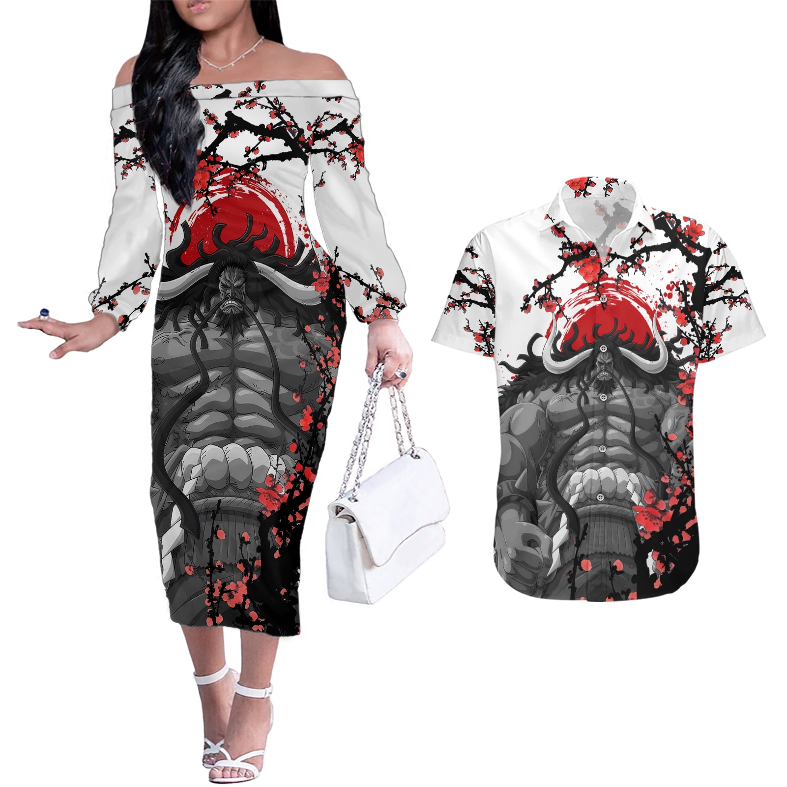 Kaido - Japan Style Anime Couples Matching Off The Shoulder Long Sleeve Dress and Hawaiian Shirt