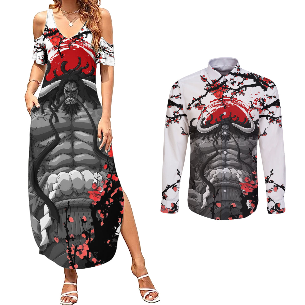 Kaido - Japan Style Anime Couples Matching Summer Maxi Dress and Long Sleeve Button Shirt