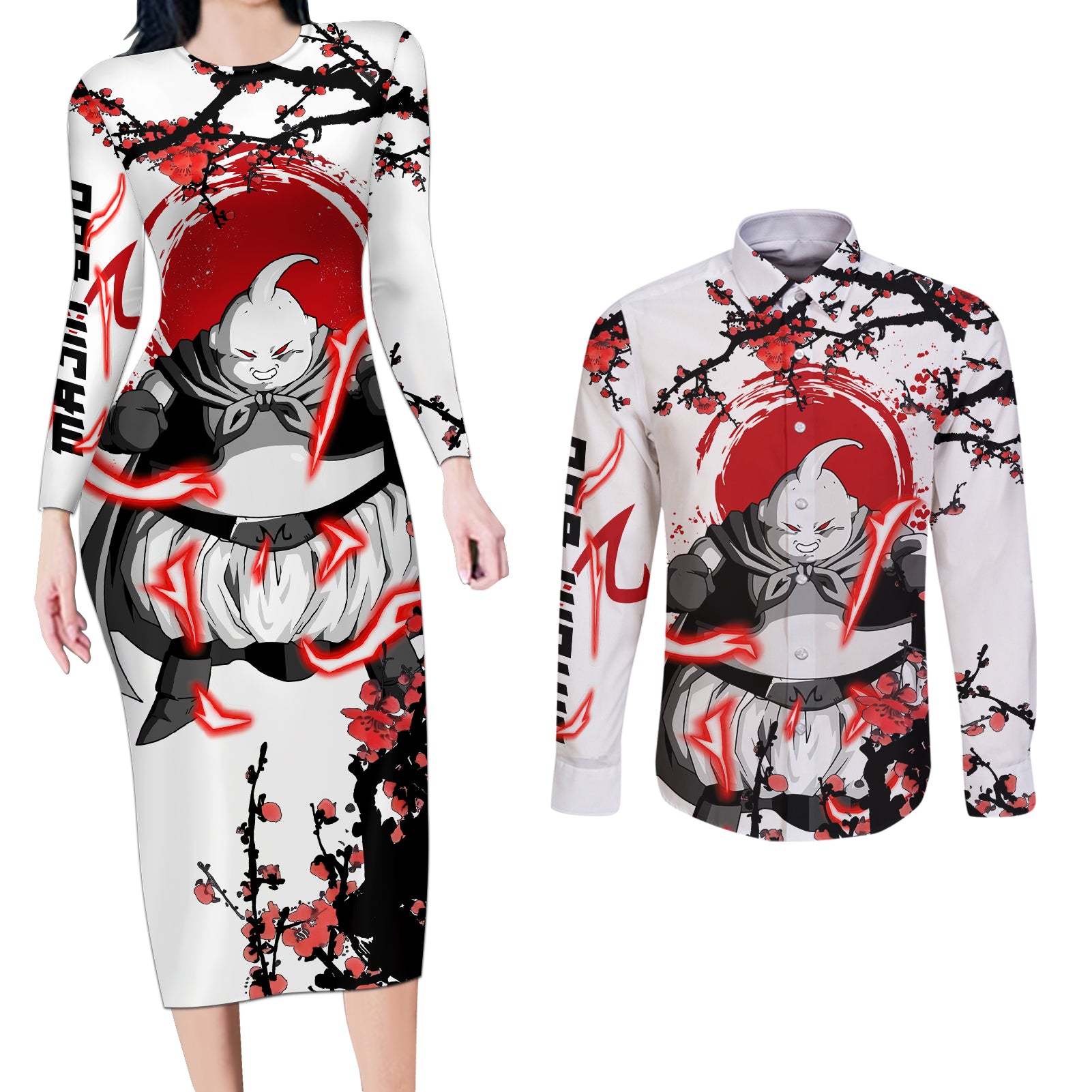 Majin Buu - Japan Style Anime Couples Matching Long Sleeve Bodycon Dress and Long Sleeve Button Shirt