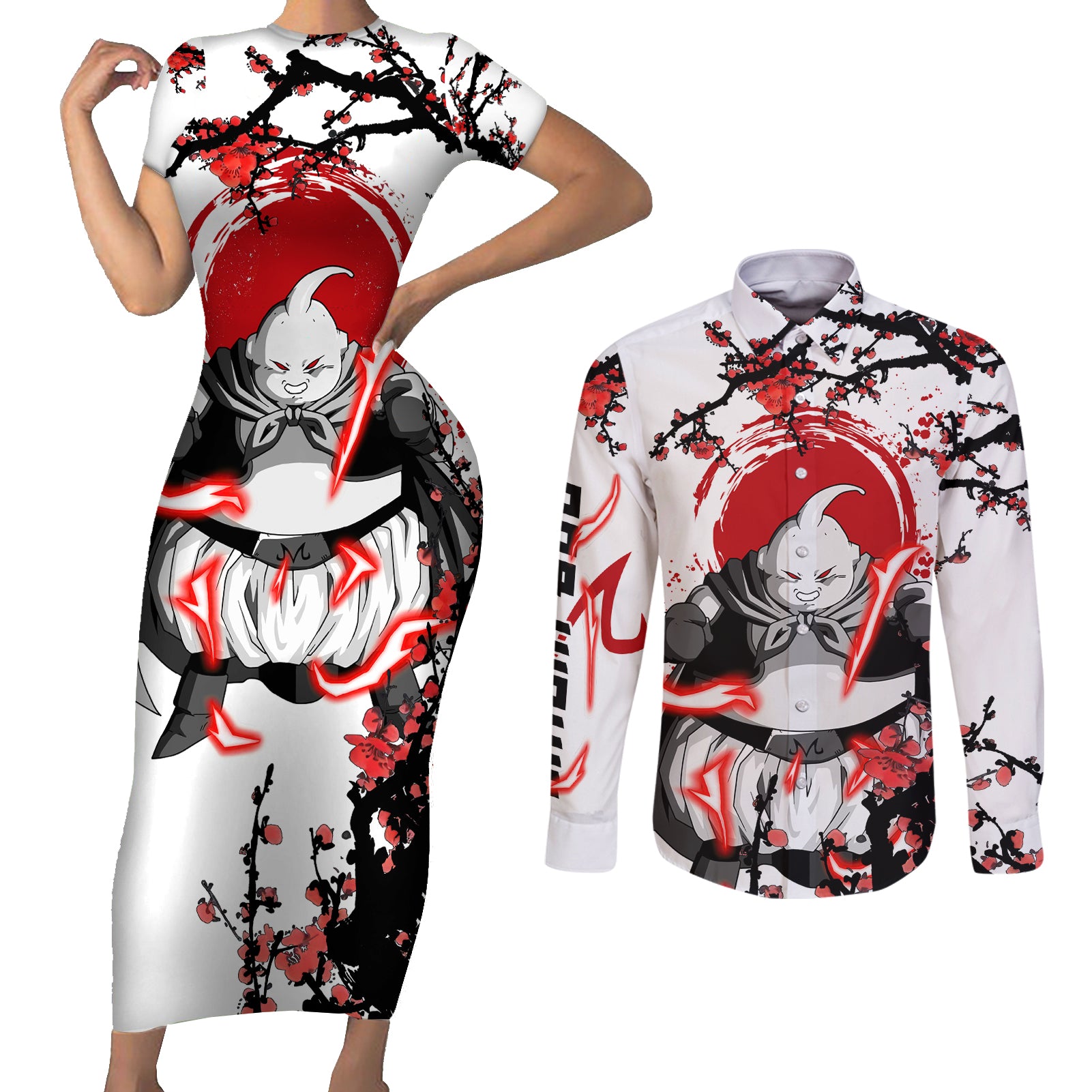 Majin Buu - Japan Style Anime Couples Matching Short Sleeve Bodycon Dress and Long Sleeve Button Shirt