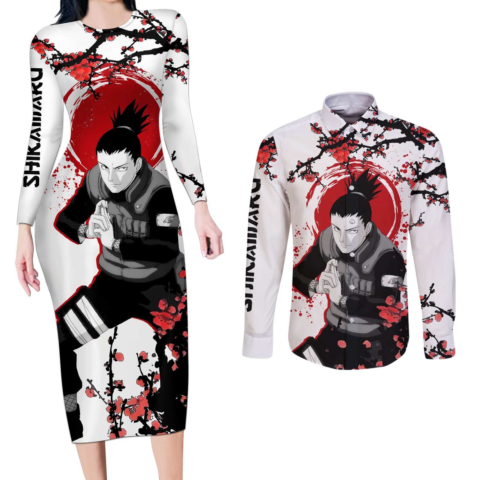 Shikamaru - Japan Style Anime Couples Matching Long Sleeve Bodycon Dress and Long Sleeve Button Shirt