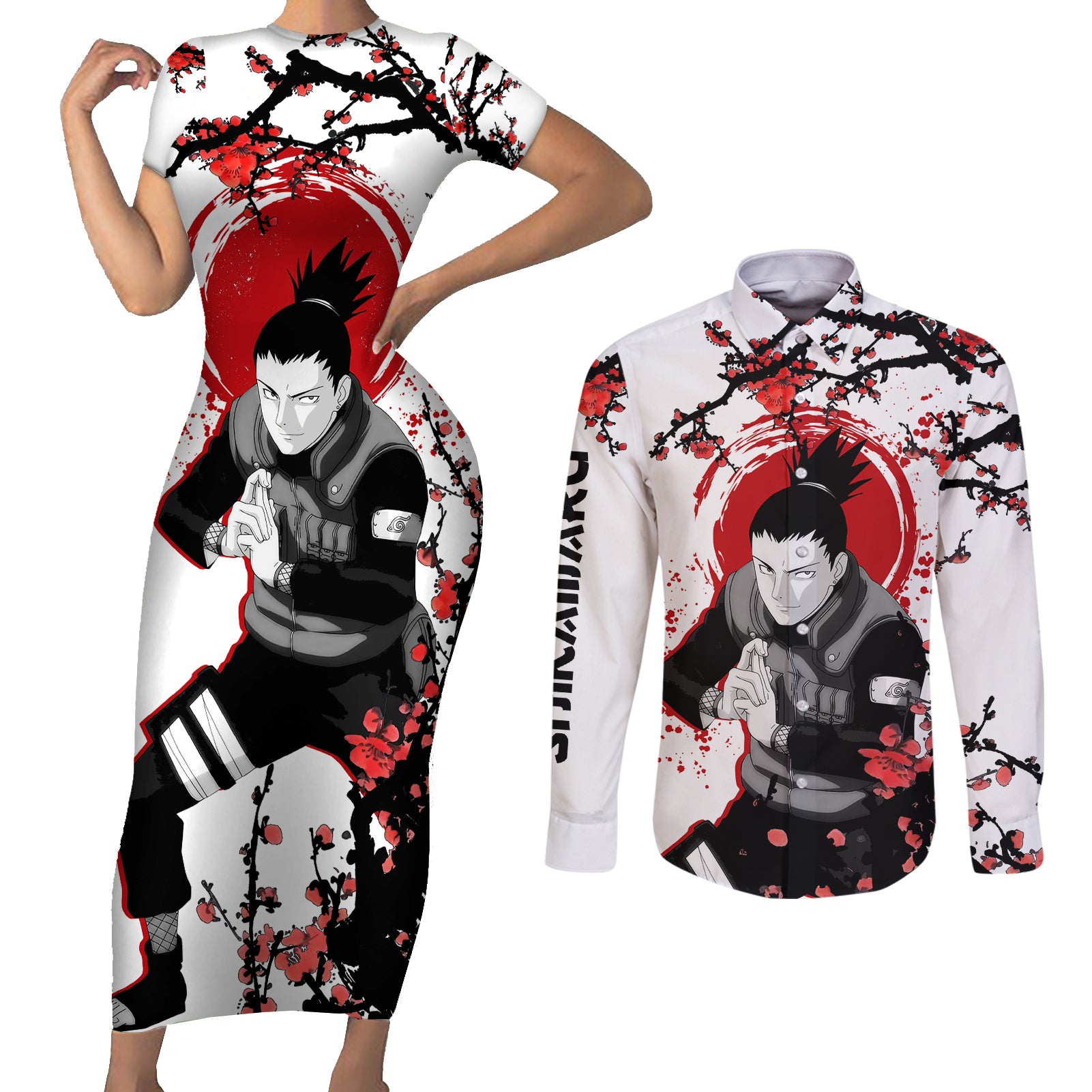 Shikamaru - Japan Style Anime Couples Matching Short Sleeve Bodycon Dress and Long Sleeve Button Shirt