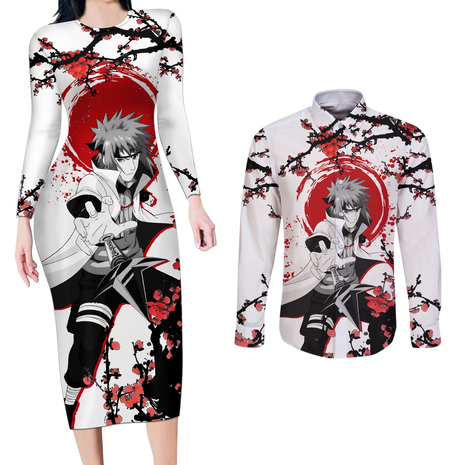 Minato Namikaze - Japan Style Anime Couples Matching Long Sleeve Bodycon Dress and Long Sleeve Button Shirt