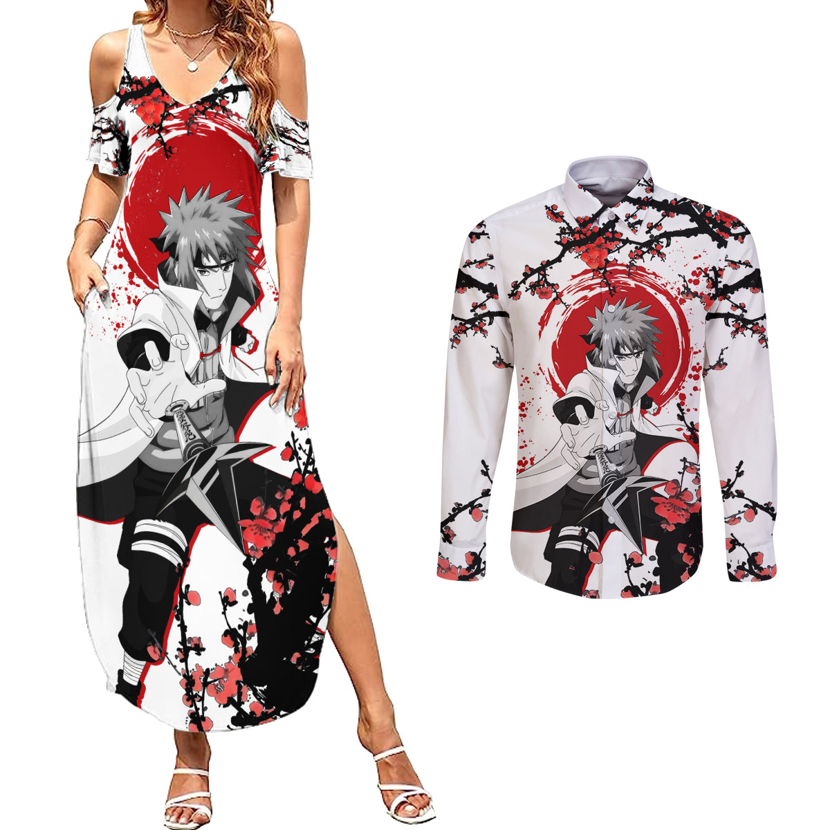 Minato Namikaze - Japan Style Anime Couples Matching Summer Maxi Dress and Long Sleeve Button Shirt