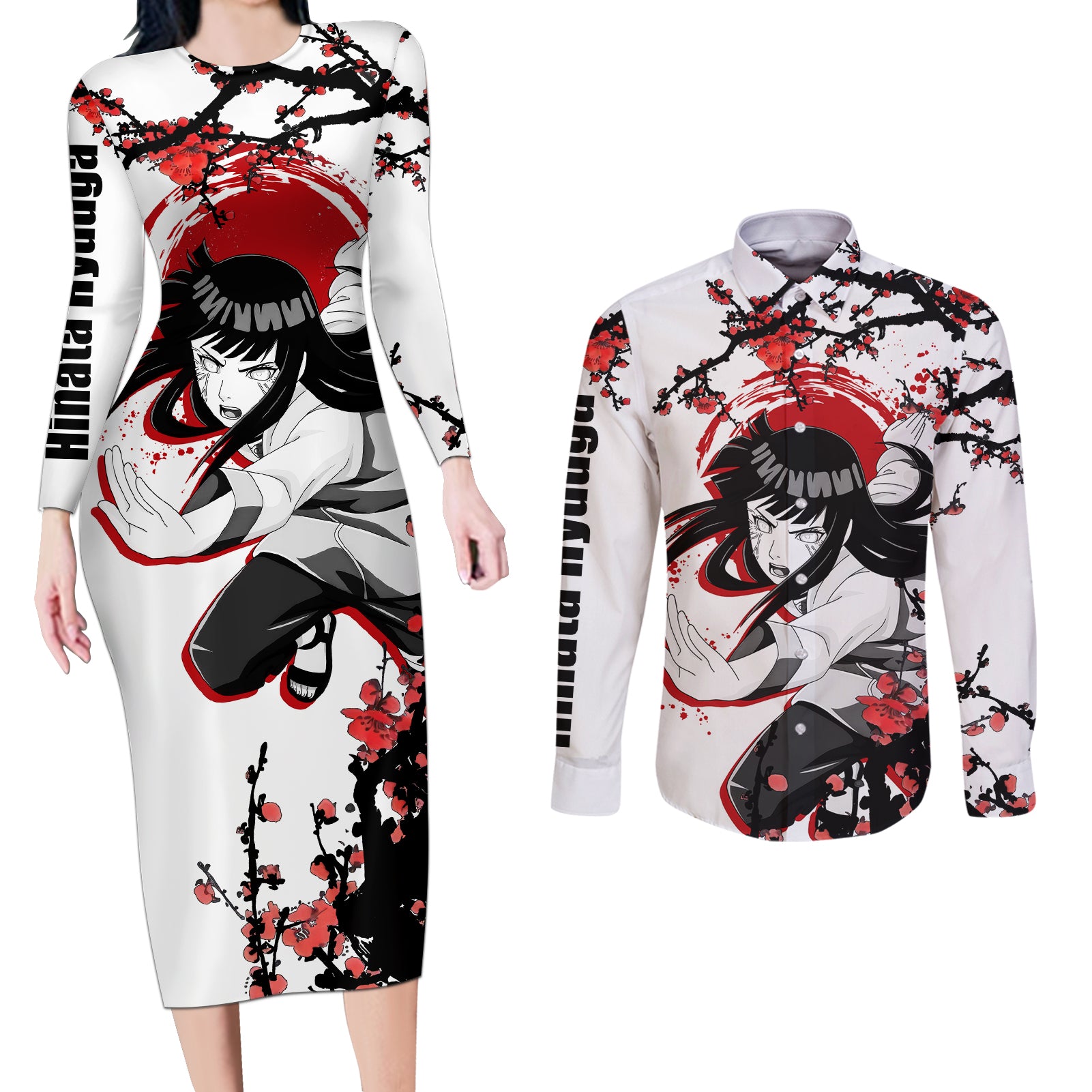 Hinata Hyuuga - Japan Style Anime Couples Matching Long Sleeve Bodycon Dress and Long Sleeve Button Shirt