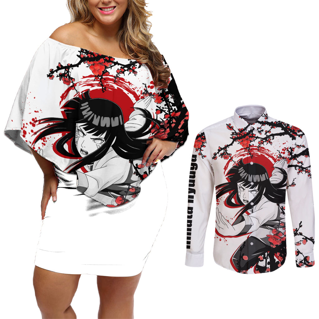 Hinata Hyuuga - Japan Style Anime Couples Matching Off Shoulder Short Dress and Long Sleeve Button Shirt