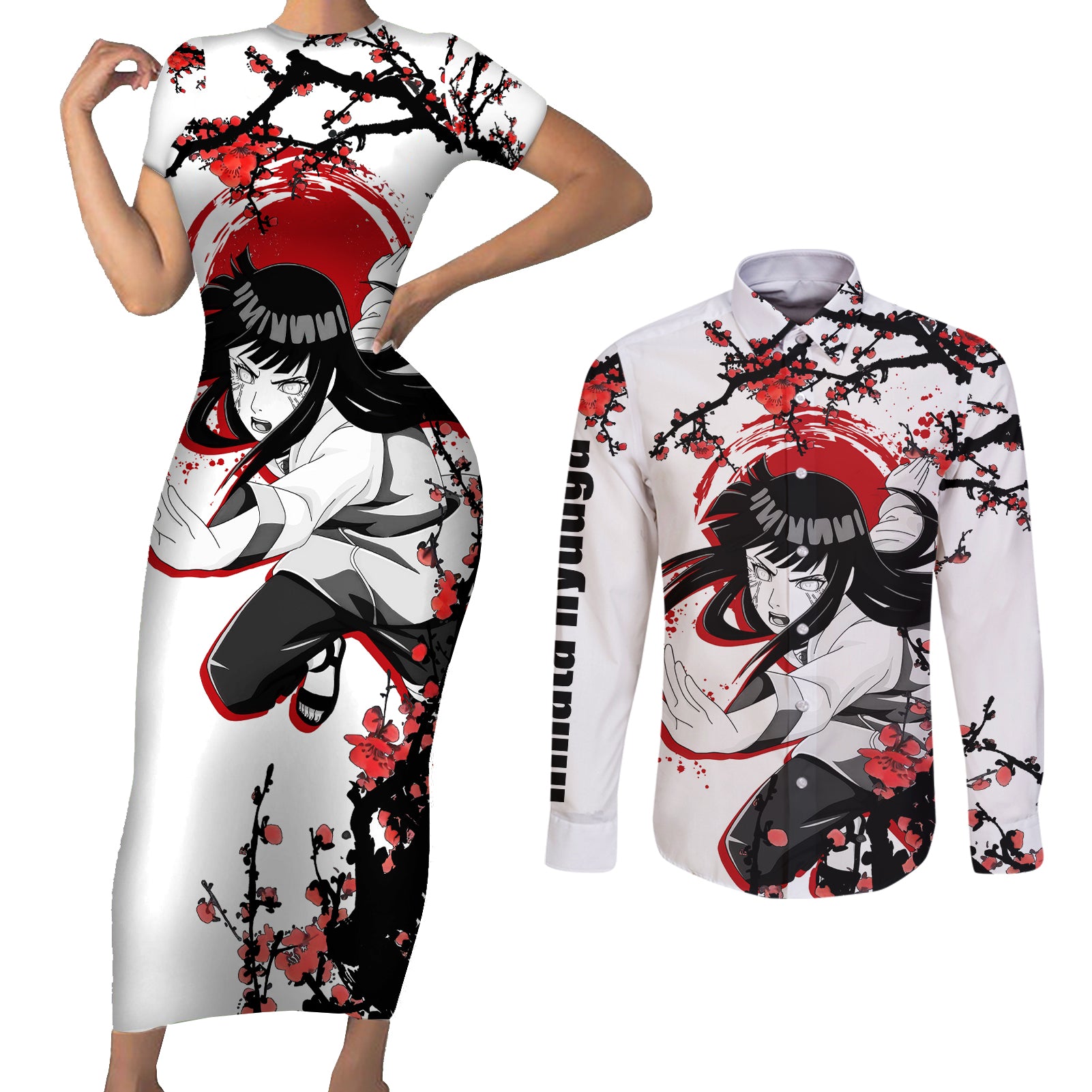 Hinata Hyuuga - Japan Style Anime Couples Matching Short Sleeve Bodycon Dress and Long Sleeve Button Shirt