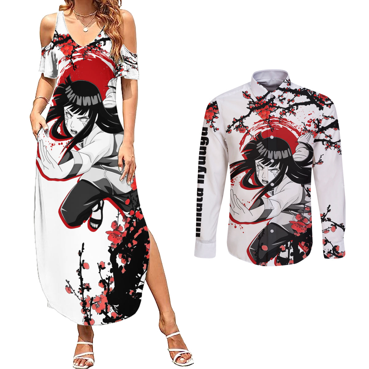 Hinata Hyuuga - Japan Style Anime Couples Matching Summer Maxi Dress and Long Sleeve Button Shirt