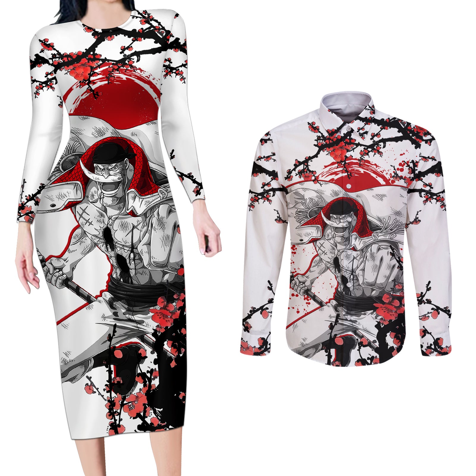 Whitebeard Pirates - Japan Style Anime Couples Matching Long Sleeve Bodycon Dress and Long Sleeve Button Shirt