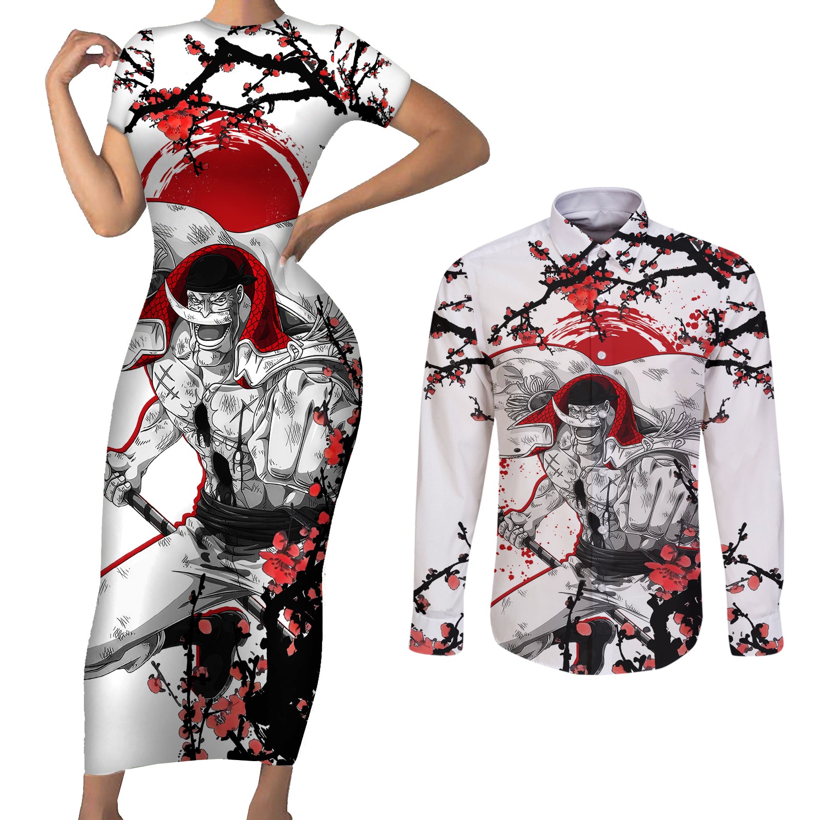 Whitebeard Pirates - Japan Style Anime Couples Matching Short Sleeve Bodycon Dress and Long Sleeve Button Shirt