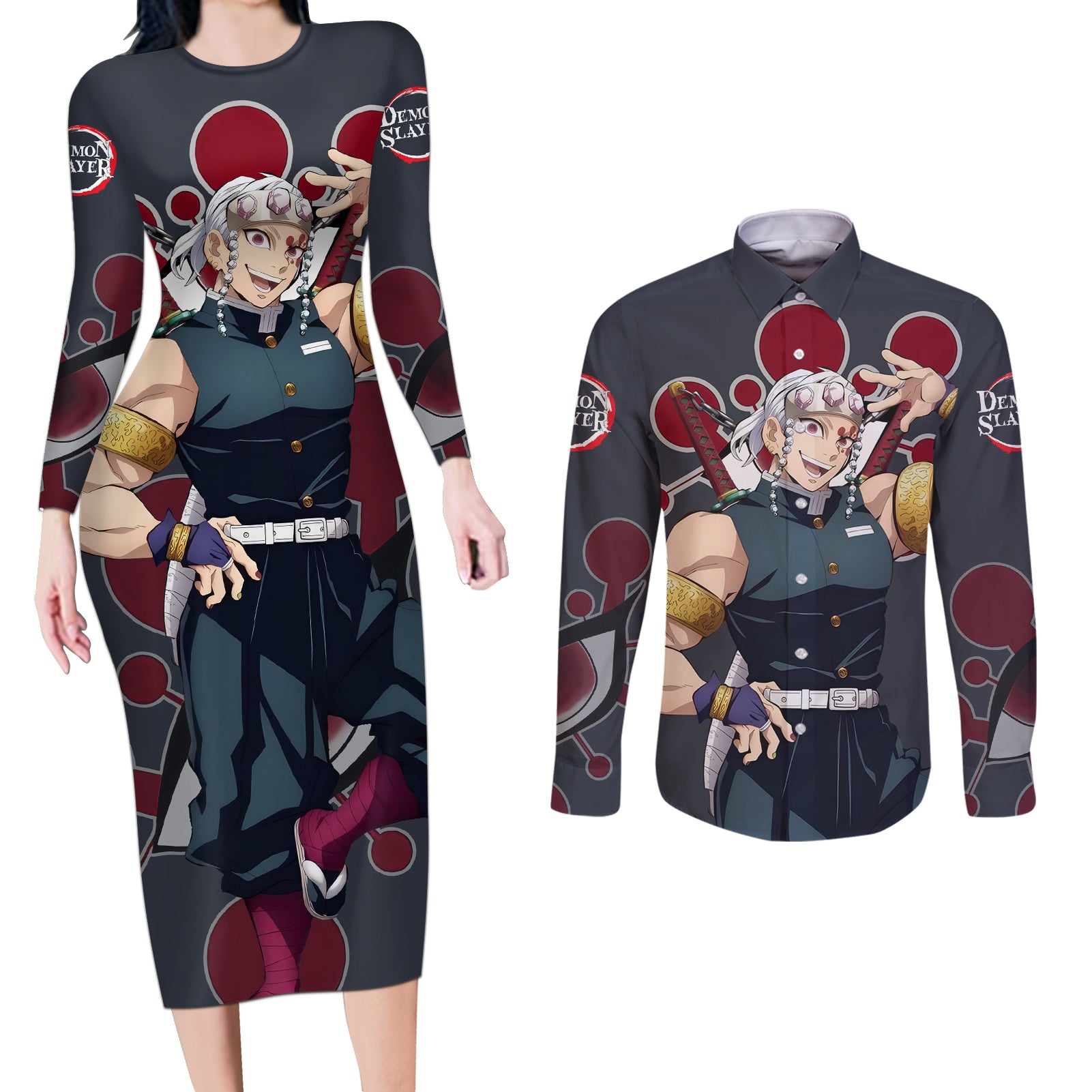 Tengen Uzui Couples Matching Long Sleeve Bodycon Dress and Long Sleeve Button Shirt Demon Slayer