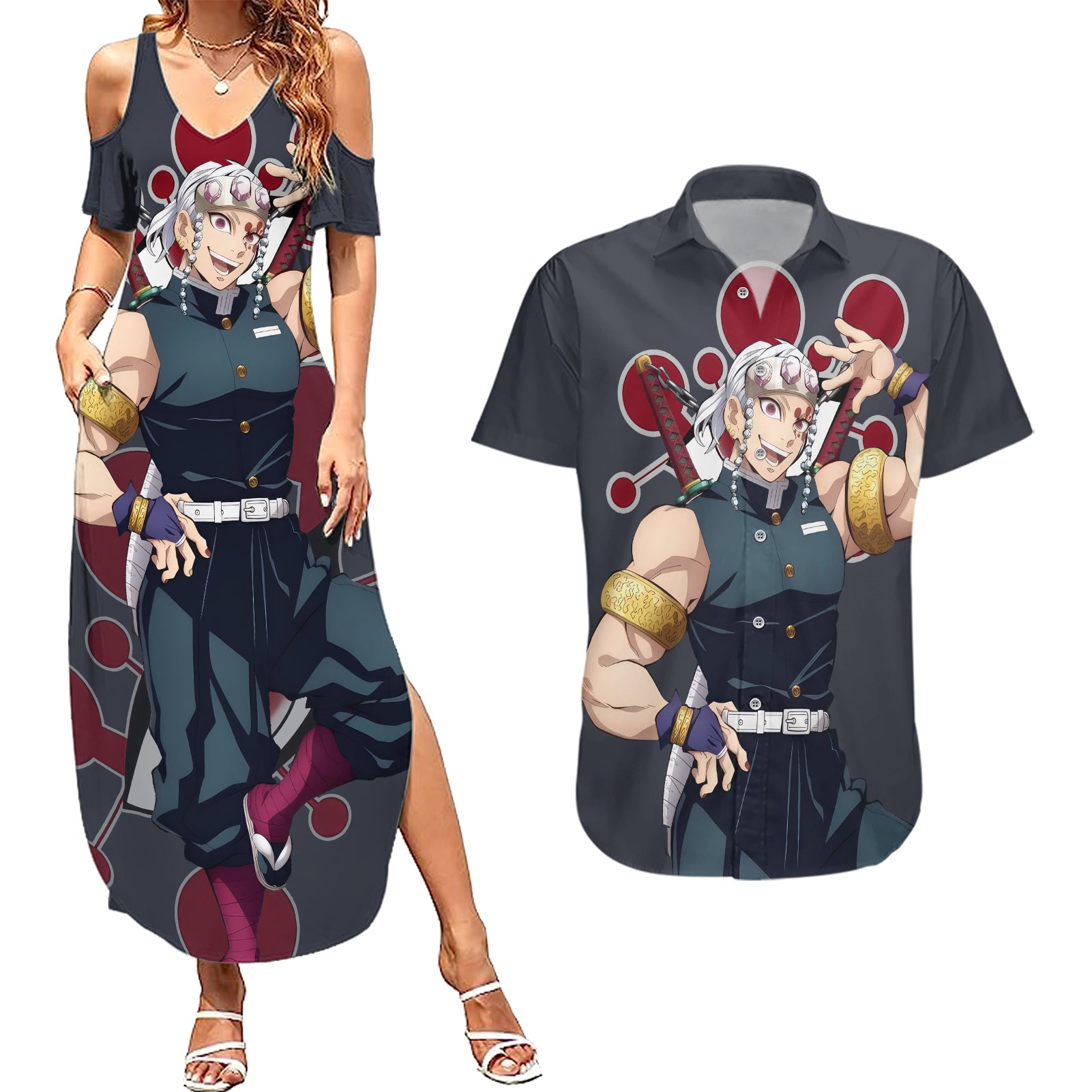 Tengen Uzui Couples Matching Summer Maxi Dress and Hawaiian Shirt Demon Slayer