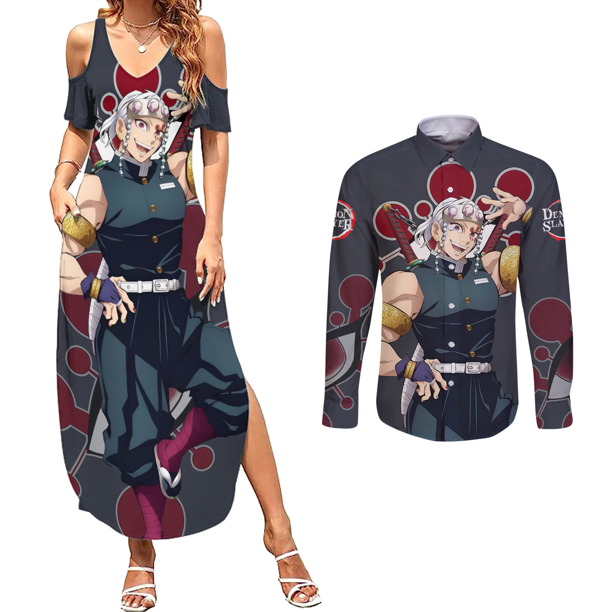 Tengen Uzui Couples Matching Summer Maxi Dress and Long Sleeve Button Shirt Demon Slayer