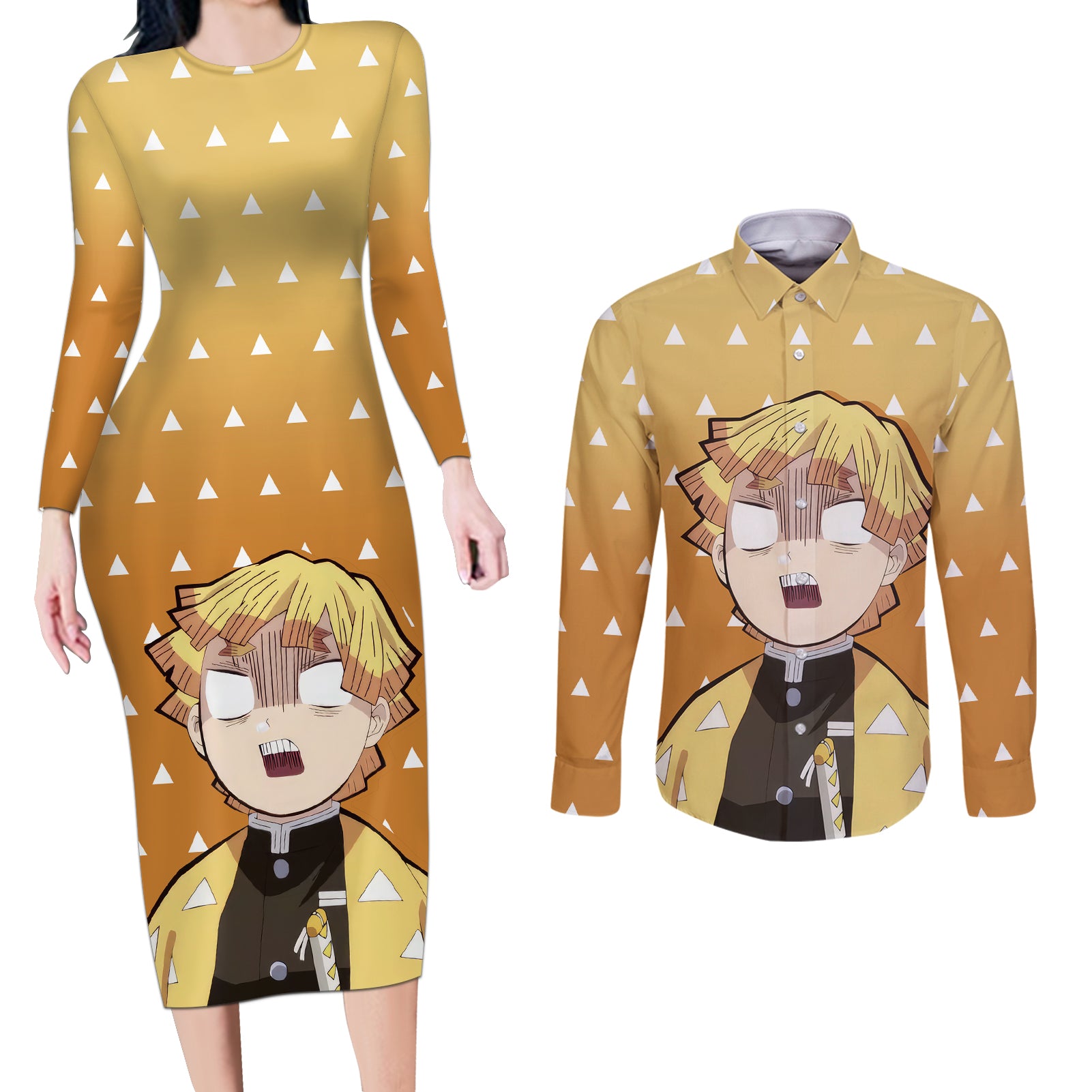 Kimetsu Zenitsu Couples Matching Long Sleeve Bodycon Dress and Long Sleeve Button Shirt Demon Slayer Anime Funny Style