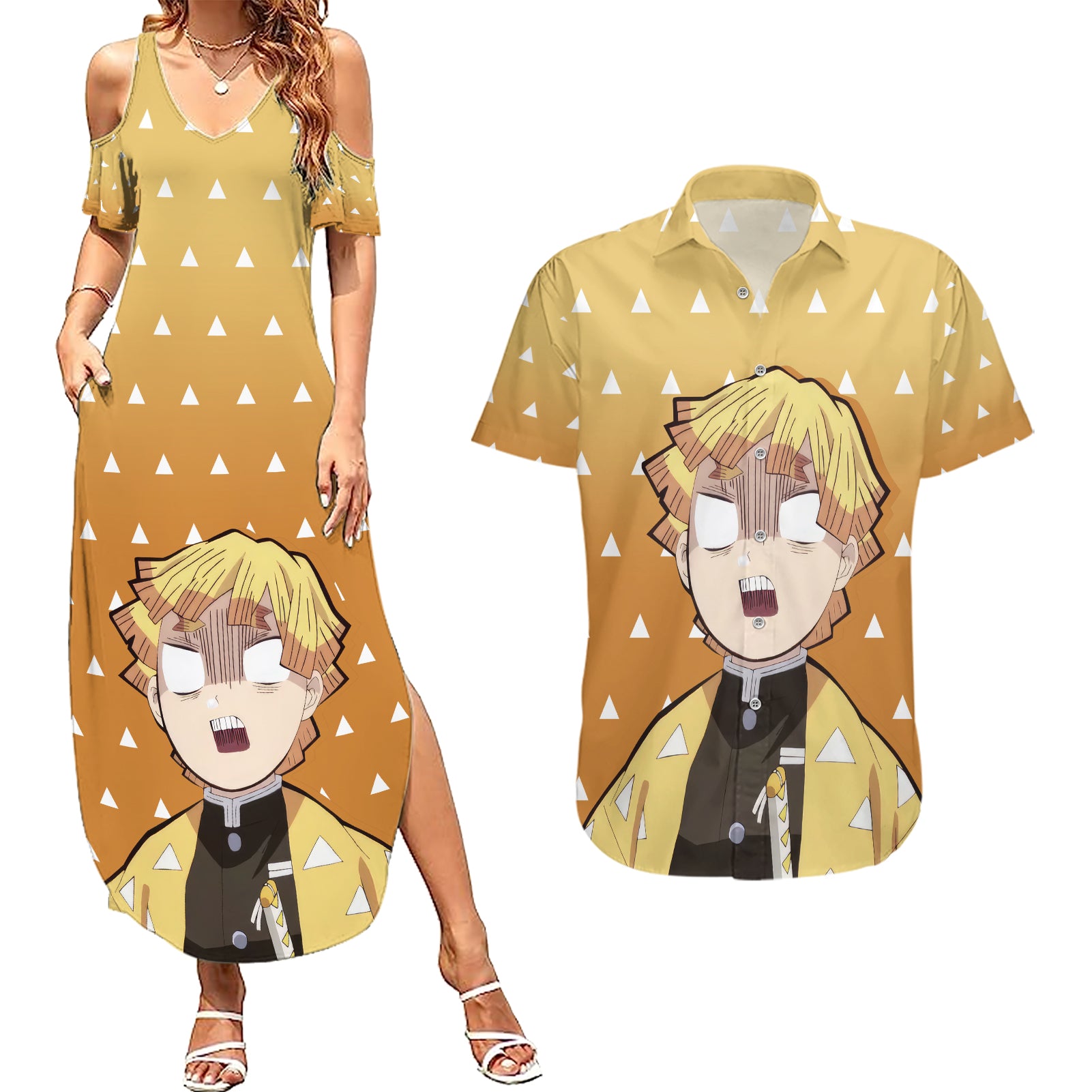 Kimetsu Zenitsu Couples Matching Summer Maxi Dress and Hawaiian Shirt Demon Slayer Anime Funny Style