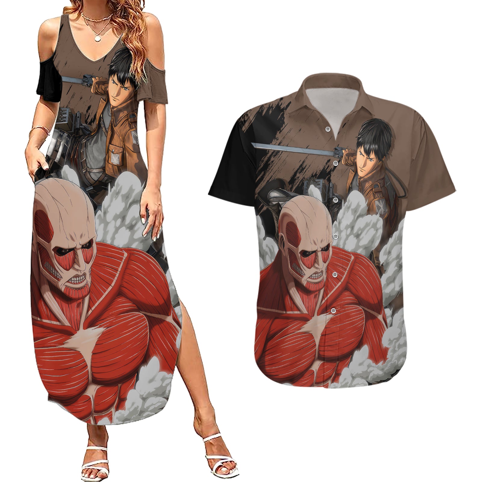 Giant Titan - Attack On Titan Couples Matching Summer Maxi Dress and Hawaiian Shirt Attack On Titan