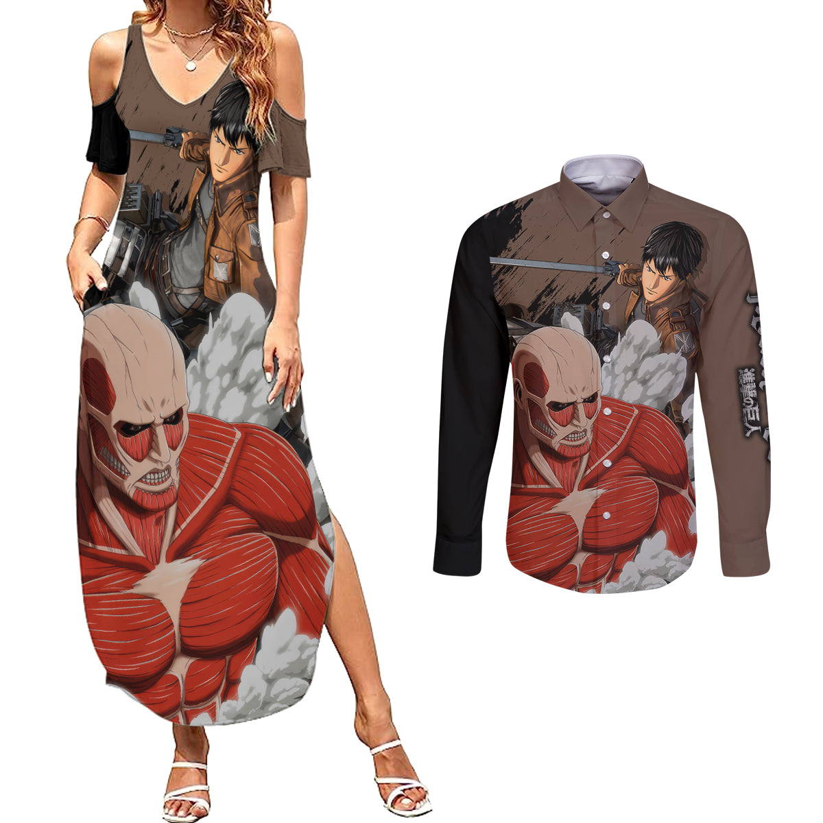 Giant Titan - Attack On Titan Couples Matching Summer Maxi Dress and Long Sleeve Button Shirt Attack On Titan